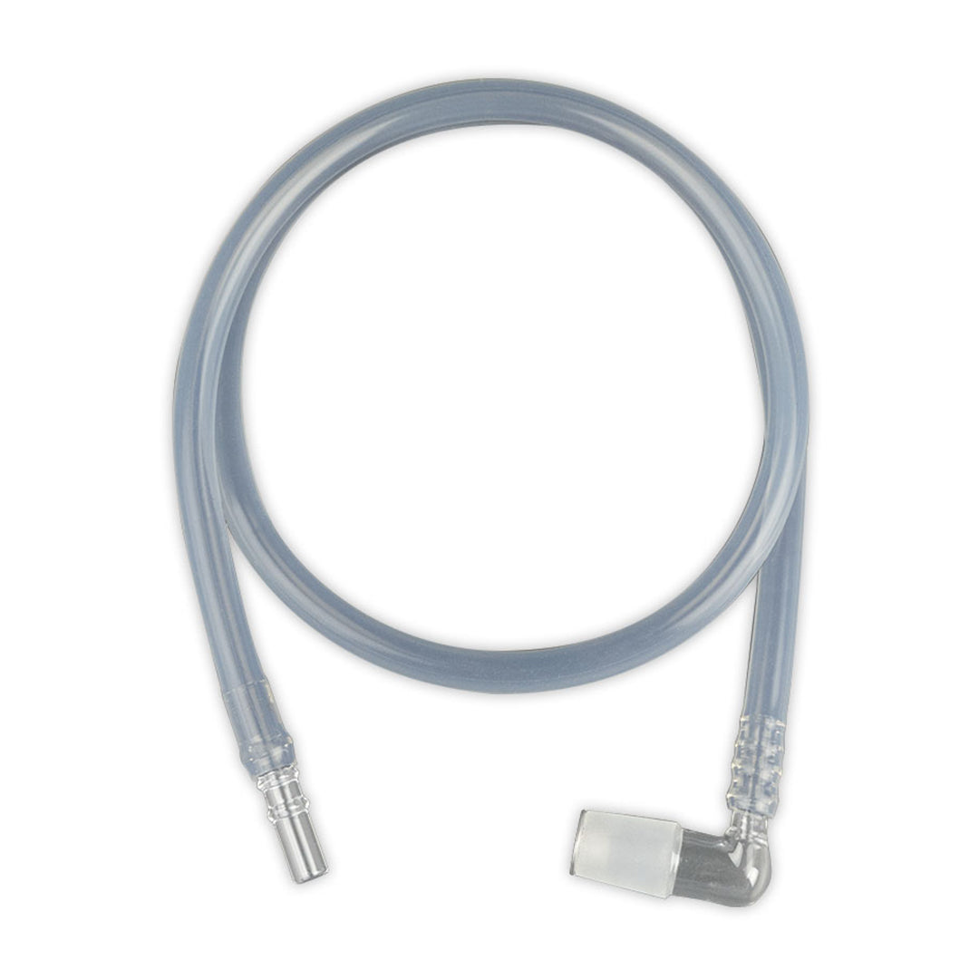 A close-up, angled view of the Desktop Vaporizer Replacement Parts, showing a clear, flexible tube with silver connectors. A close-up, angled view of the Desktop Vaporizer Replacement Parts, showing a clear, flexible tube with silver connectors.