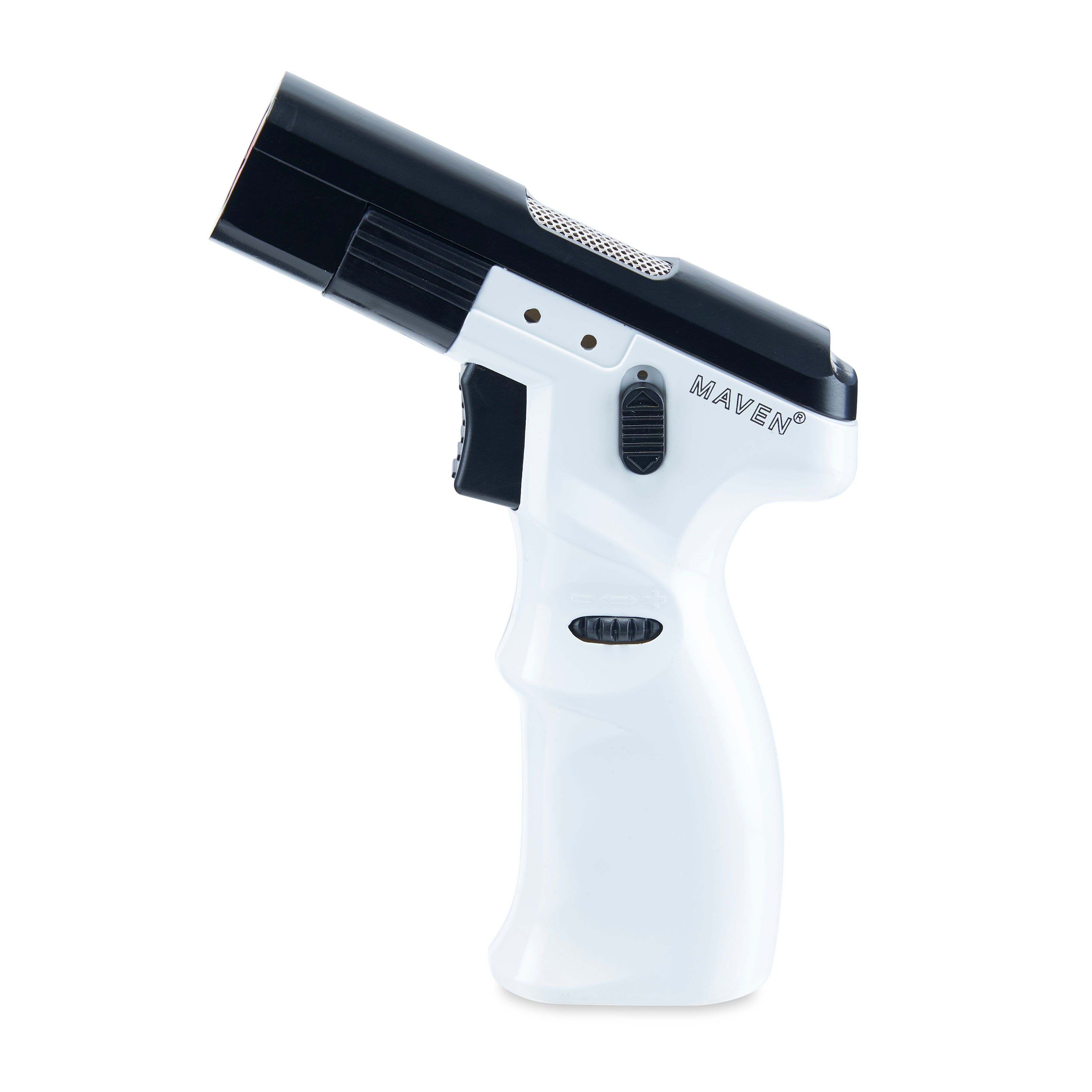 A close-up of the Model K Butane Torch Lighter showing the black metallic body and angled nozzle. A close-up of the Model K Butane Torch Lighter showing the black metallic body and angled nozzle.