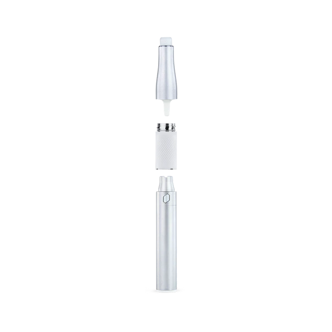 Front view of the Puffco New Plus Vaporizer, disassembled with its components stacked vertically against a white background. Front view of the Puffco New Plus Vaporizer, disassembled with its components stacked vertically against a white background.