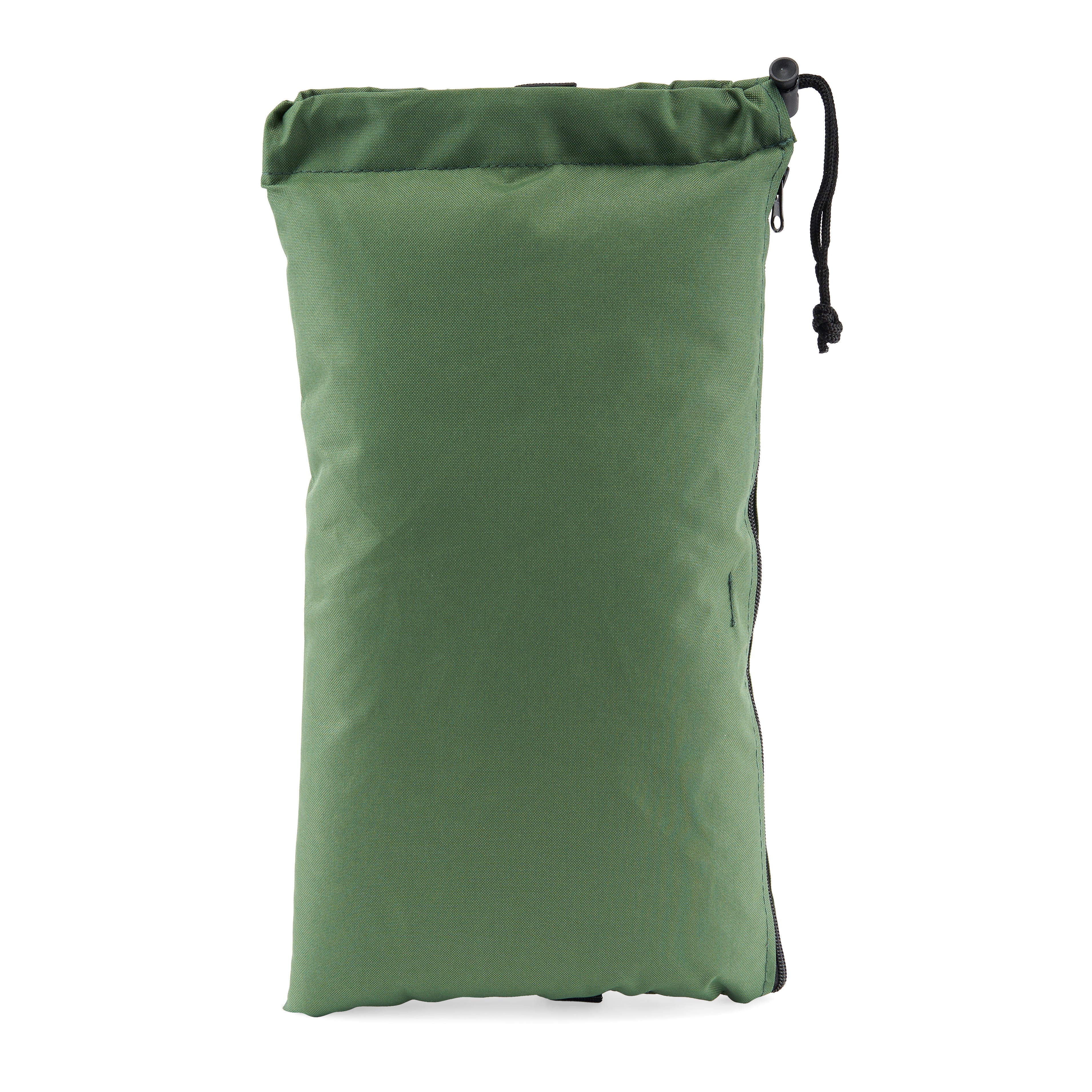 Front view of the 16" Storage Pouch with Zipper and Drawstring, a closed, dark green pouch against a plain white background. Front view of the 16" Storage Pouch with Zipper and Drawstring, a closed, dark green pouch against a plain white background.