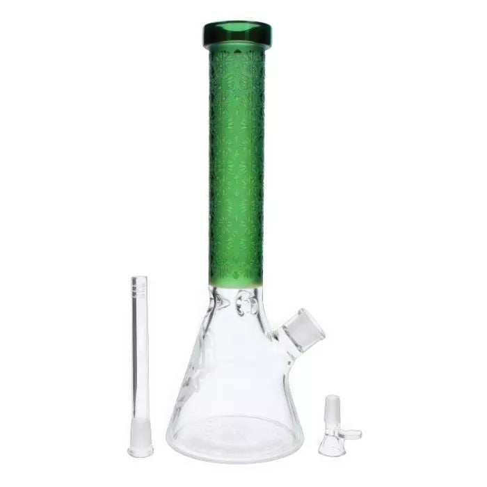 Front view of the 14-inch Cali Cloud X Patterned Printed beaker, featuring a colored tube and clean glass construction. Front view of the 14-inch Cali Cloud X Patterned Printed beaker, featuring a colored tube and clean glass construction.