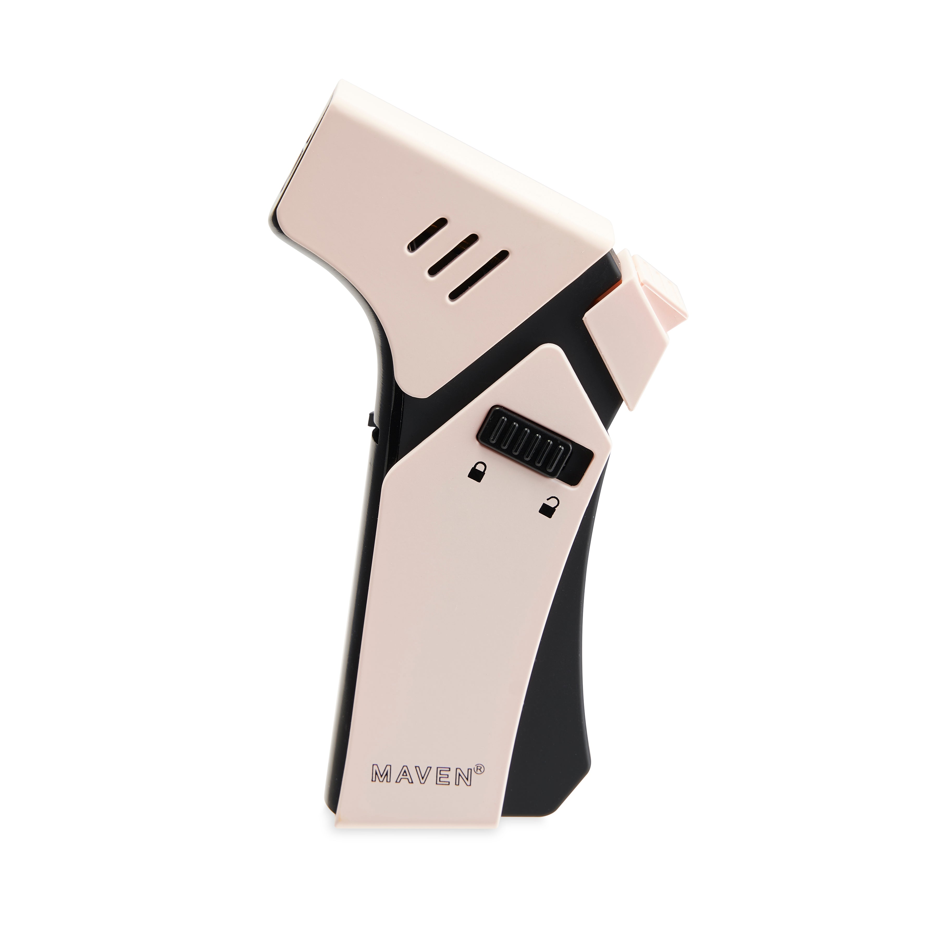 A close-up shows the Maven Pro Butane Torch Lighter with a silver body and black grip, angled slightly from above. A close-up shows the Maven Pro Butane Torch Lighter with a silver body and black grip, angled slightly from above.