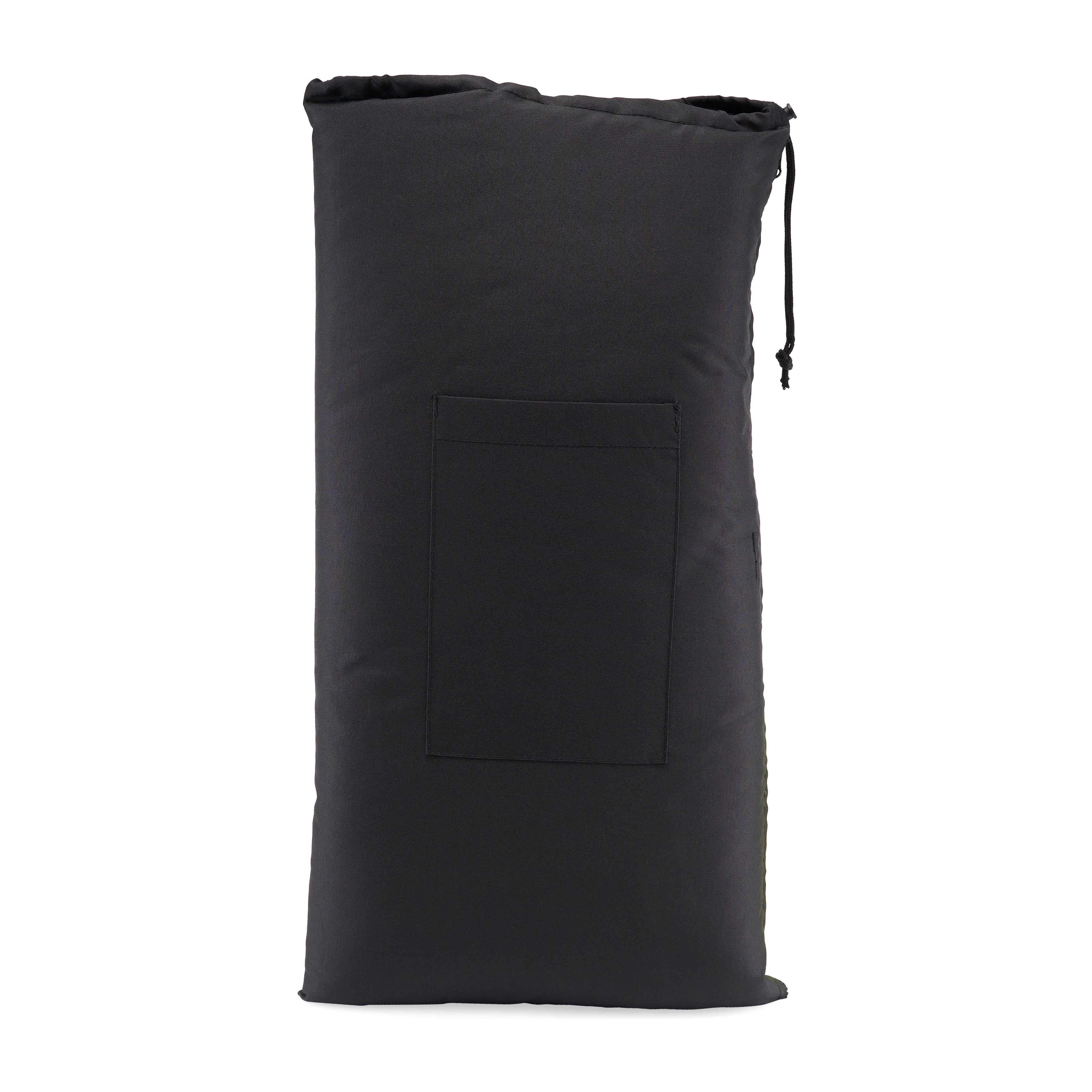 Front view of the 25" Storage Pouch with Zipper and Drawstring, a black, drawstring bag with a simple, minimalist design. Front view of the 25" Storage Pouch with Zipper and Drawstring, a black, drawstring bag with a simple, minimalist design.