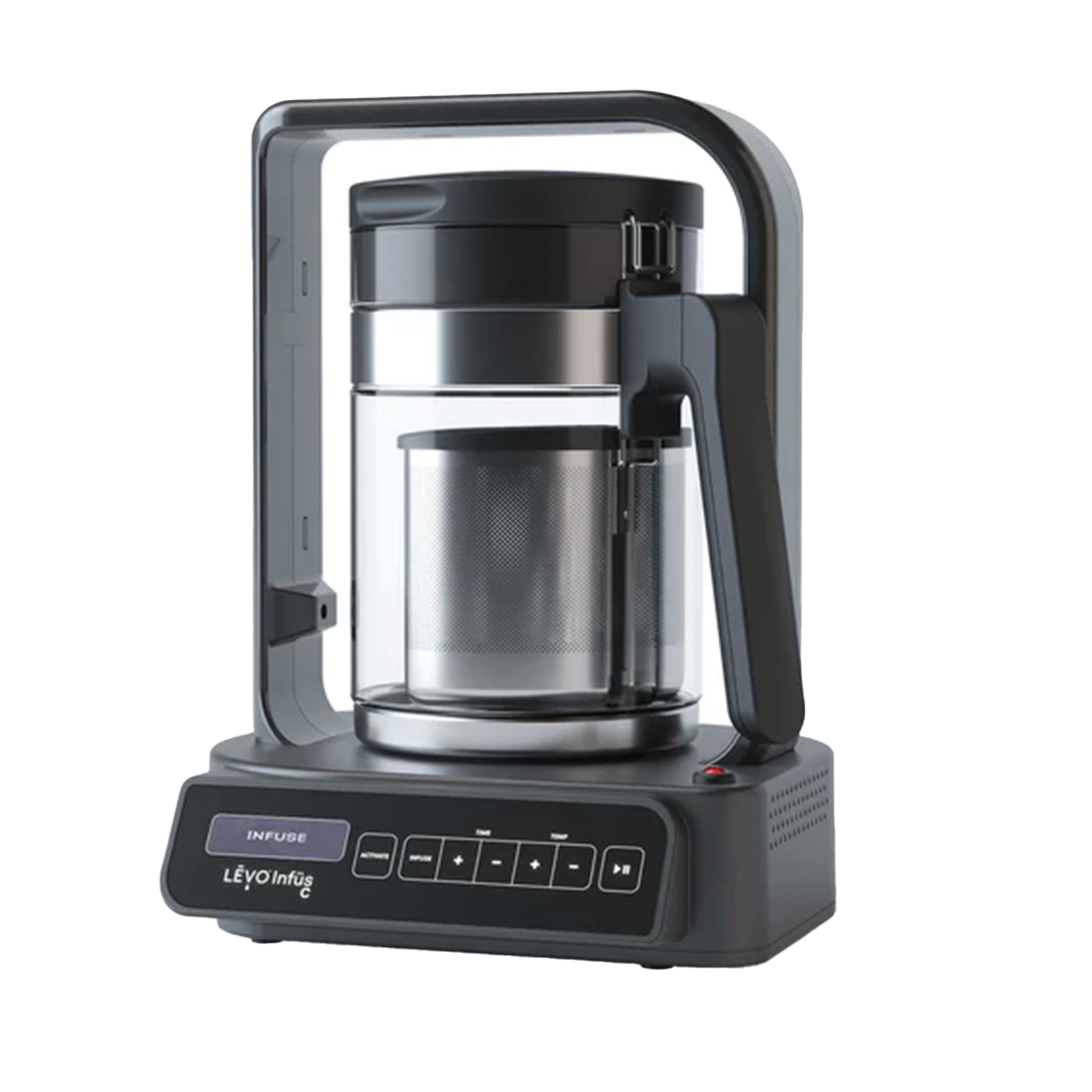A front view of the LEVO C Oil Infuser, a black appliance with a rounded glass container and digital display. A front view of the LEVO C Oil Infuser, a black appliance with a rounded glass container and digital display.