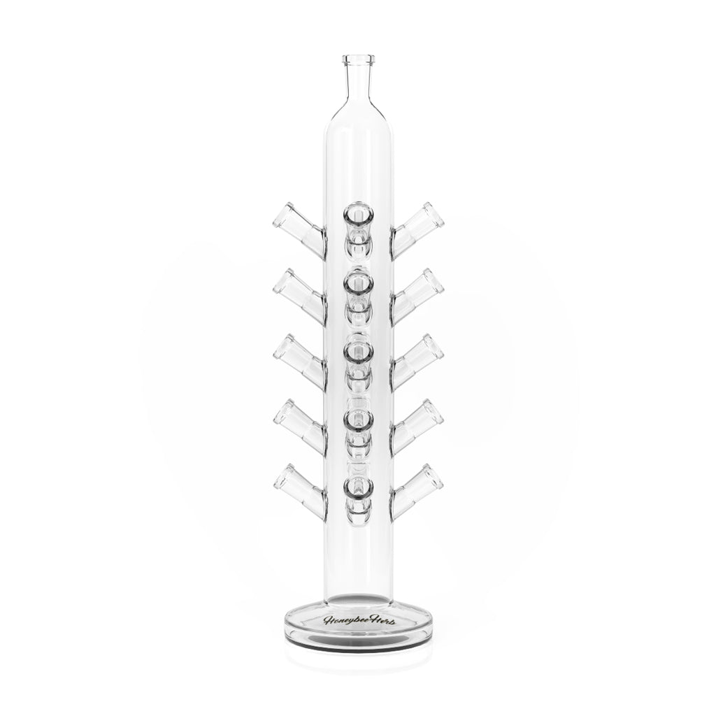 A vertical arrangement showcases the 16 Piece Vertical Banger Holder, displaying each clear glass banger against a plain white background. A vertical arrangement showcases the 16 Piece Vertical Banger Holder, displaying each clear glass banger against a plain white background.