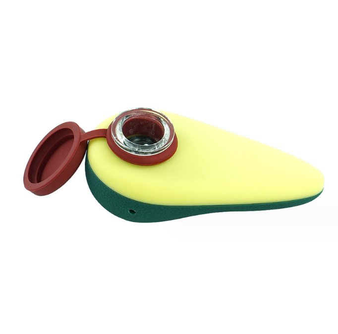 A close-up, angled view of the Silicone Avocado Hand Pipe, showcasing its smooth, green silicone construction. A close-up, angled view of the Silicone Avocado Hand Pipe, showcasing its smooth, green silicone construction.