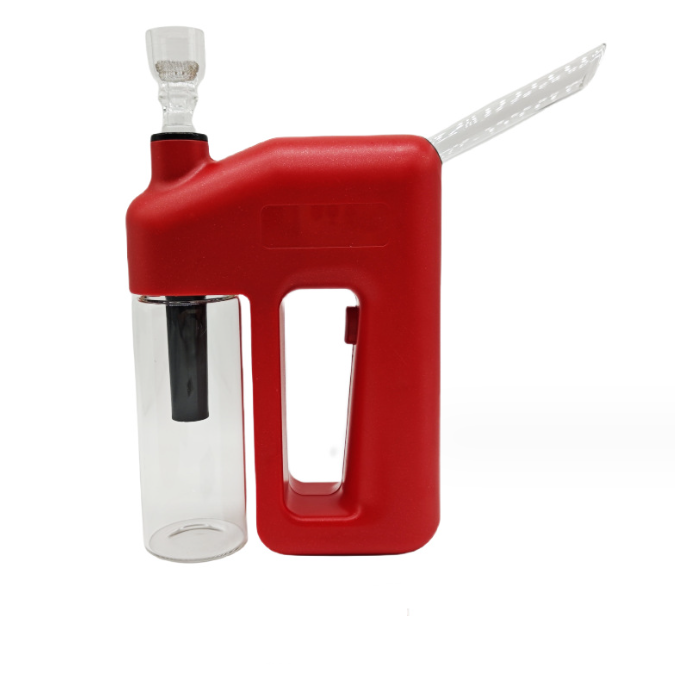 Front view of the Electronic Bubbler, displaying a red, cylindrical device with a clear glass extension. Front view of the Electronic Bubbler, displaying a red, cylindrical device with a clear glass extension.