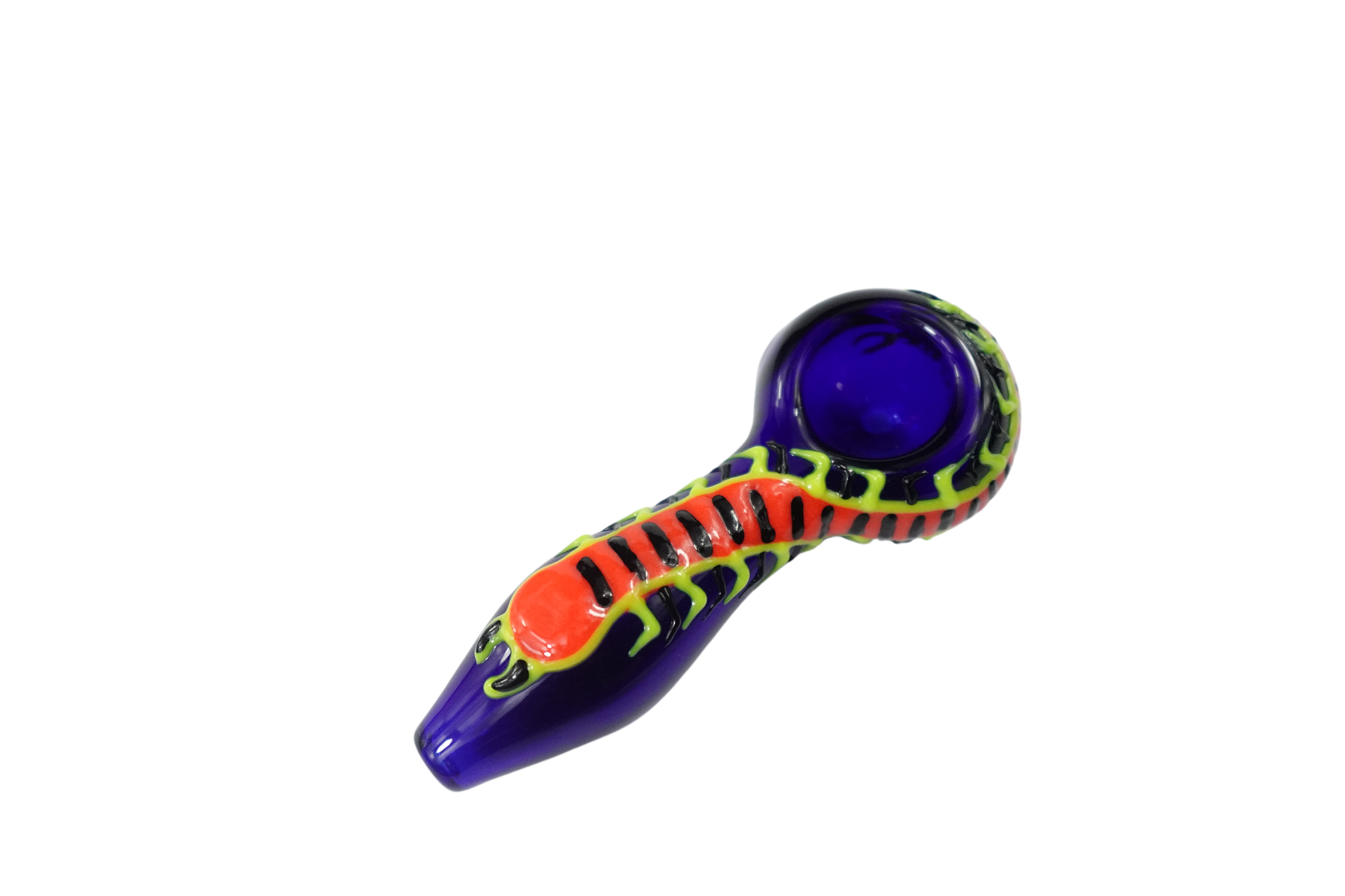 A close-up, angled view of the Centipede Glass Spoon Pipe, showing its colorful, patterned glass design. A close-up, angled view of the Centipede Glass Spoon Pipe, showing its colorful, patterned glass design.