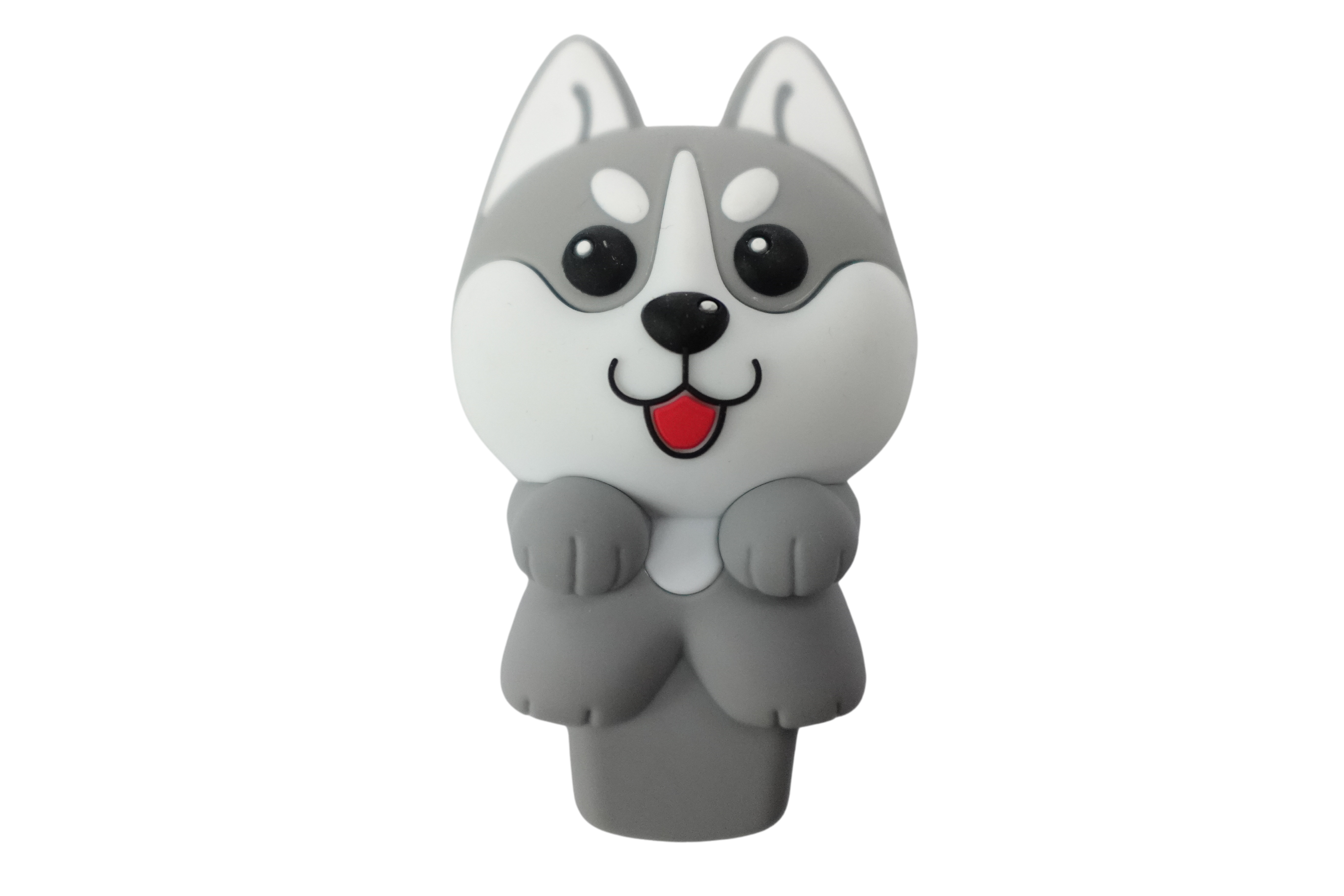 A front view of the Silicone Husky Hand Pipe, depicting a sculpted, gray dog head with a bowl-shaped mouth. A front view of the Silicone Husky Hand Pipe, depicting a sculpted, gray dog head with a bowl-shaped mouth.