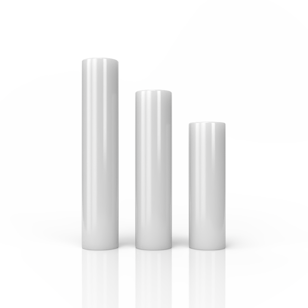 A slightly angled studio shot of the White Quartz Pillars, showcasing their smooth, reflective surfaces against a bright white background. A slightly angled studio shot of the White Quartz Pillars, showcasing their smooth, reflective surfaces against a bright white background.