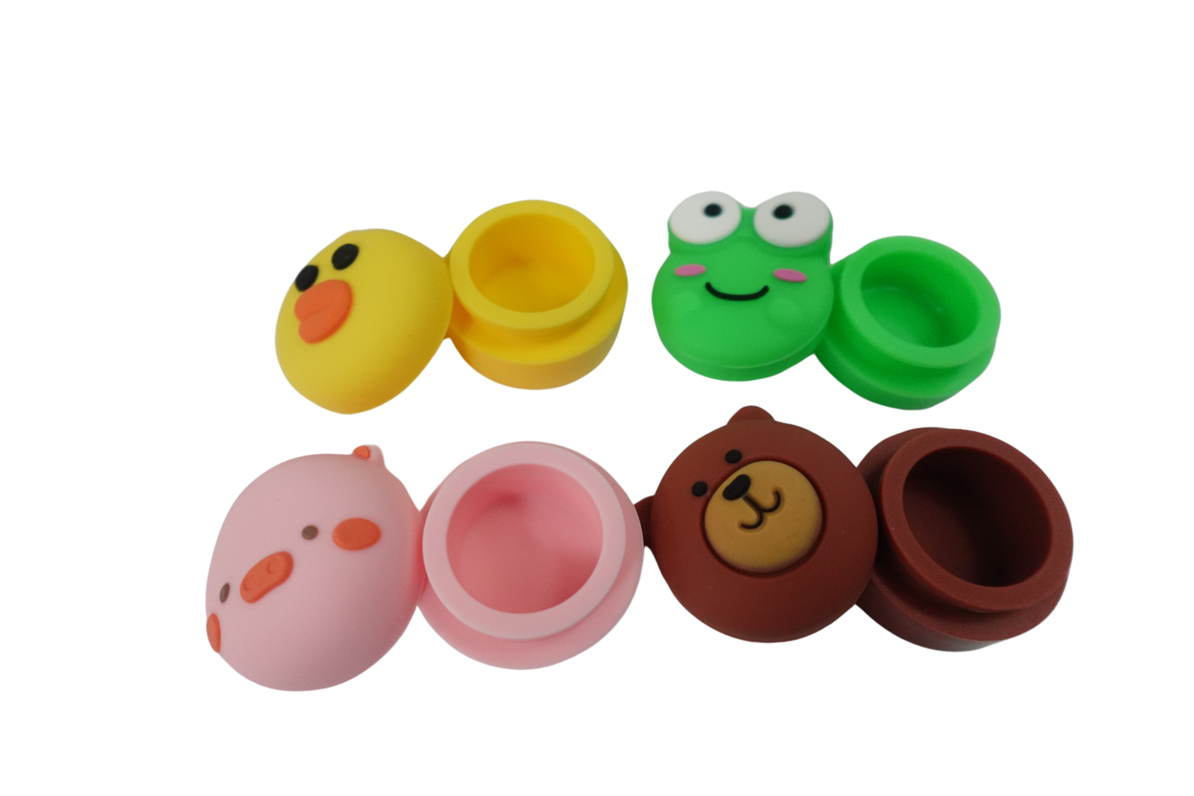 Front view of the Cute Animal Silicone Containers, showcasing four colorful, open containers arranged in a row on a white background. Front view of the Cute Animal Silicone Containers, showcasing four colorful, open containers arranged in a row on a white background.