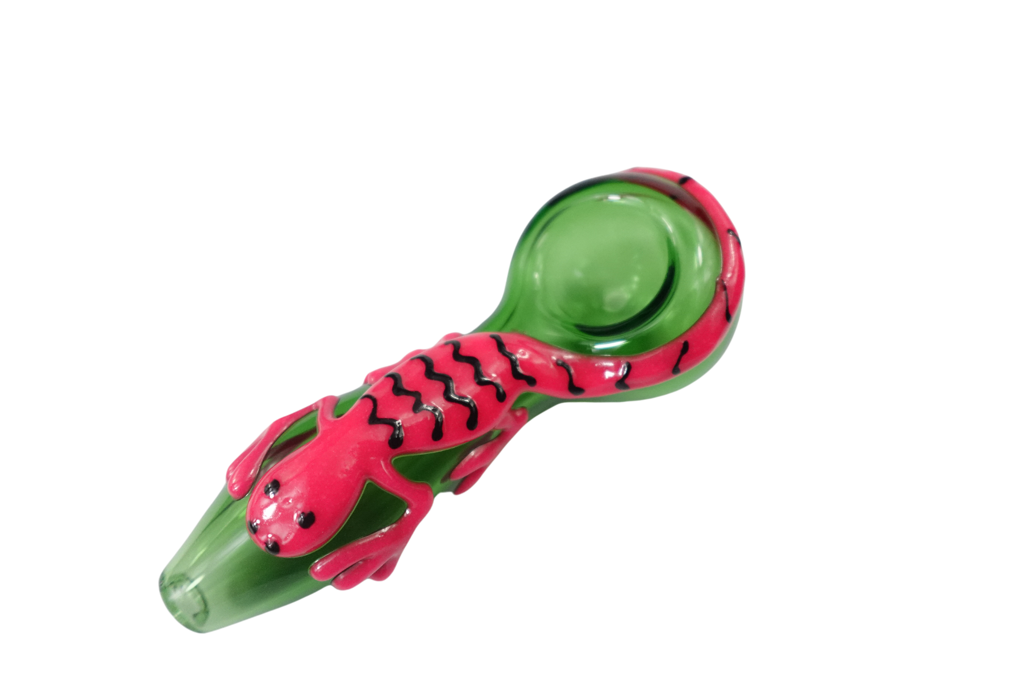 A slightly angled view of the Pink Lizard Glass Spoon Pipe, featuring a textured, green glass body. A slightly angled view of the Pink Lizard Glass Spoon Pipe, featuring a textured, green glass body.