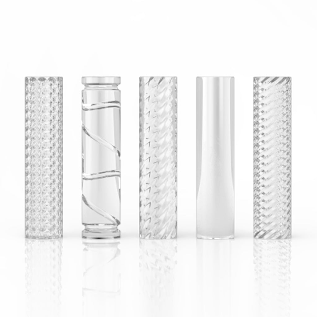 Front view of the Etched Quartz Pillars, showcasing the tall, clear glass columns arranged on a reflective surface. Front view of the Etched Quartz Pillars, showcasing the tall, clear glass columns arranged on a reflective surface.