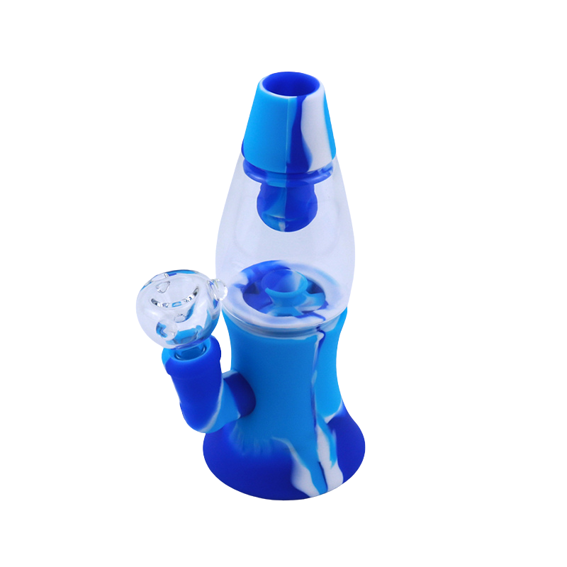 Front view of the Lava Lamp Silicone & Glass Mini Bong, featuring a blue glass body and clear mouthpiece. Front view of the Lava Lamp Silicone & Glass Mini Bong, featuring a blue glass body and clear mouthpiece.