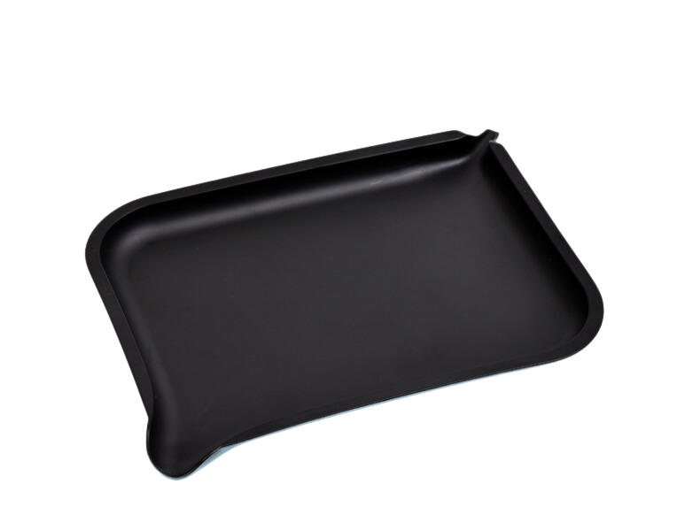 Overhead view of the Fiber Biodegradable Rolling Tray, a dark-colored, rectangular tray with a slightly raised edge. Overhead view of the Fiber Biodegradable Rolling Tray, a dark-colored, rectangular tray with a slightly raised edge.