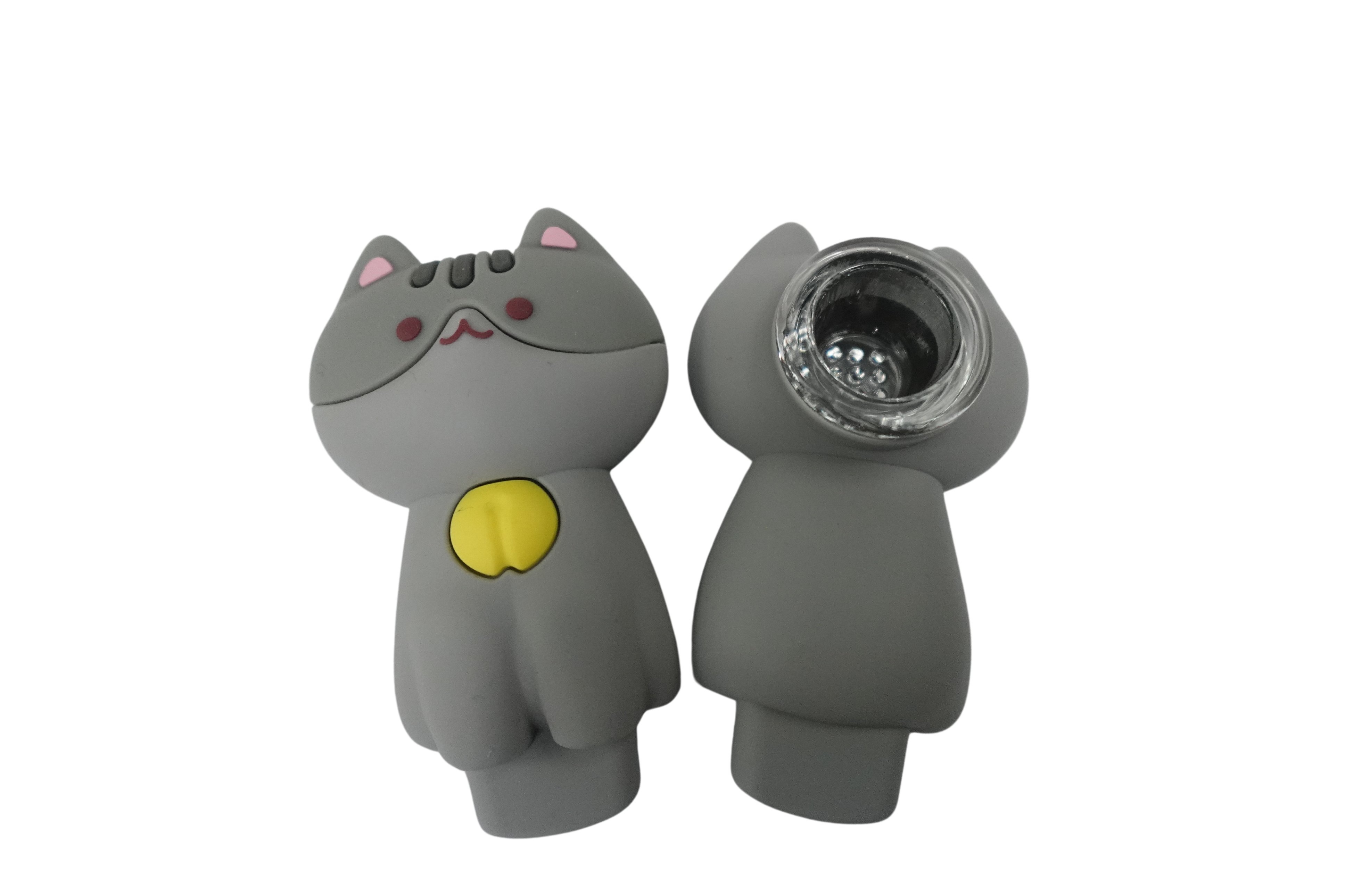 Front view of the Silicone Cat Hand Pipe, a small, sculpted pipe resembling a cat’s face in a neutral tone. Front view of the Silicone Cat Hand Pipe, a small, sculpted pipe resembling a cat’s face in a neutral tone.