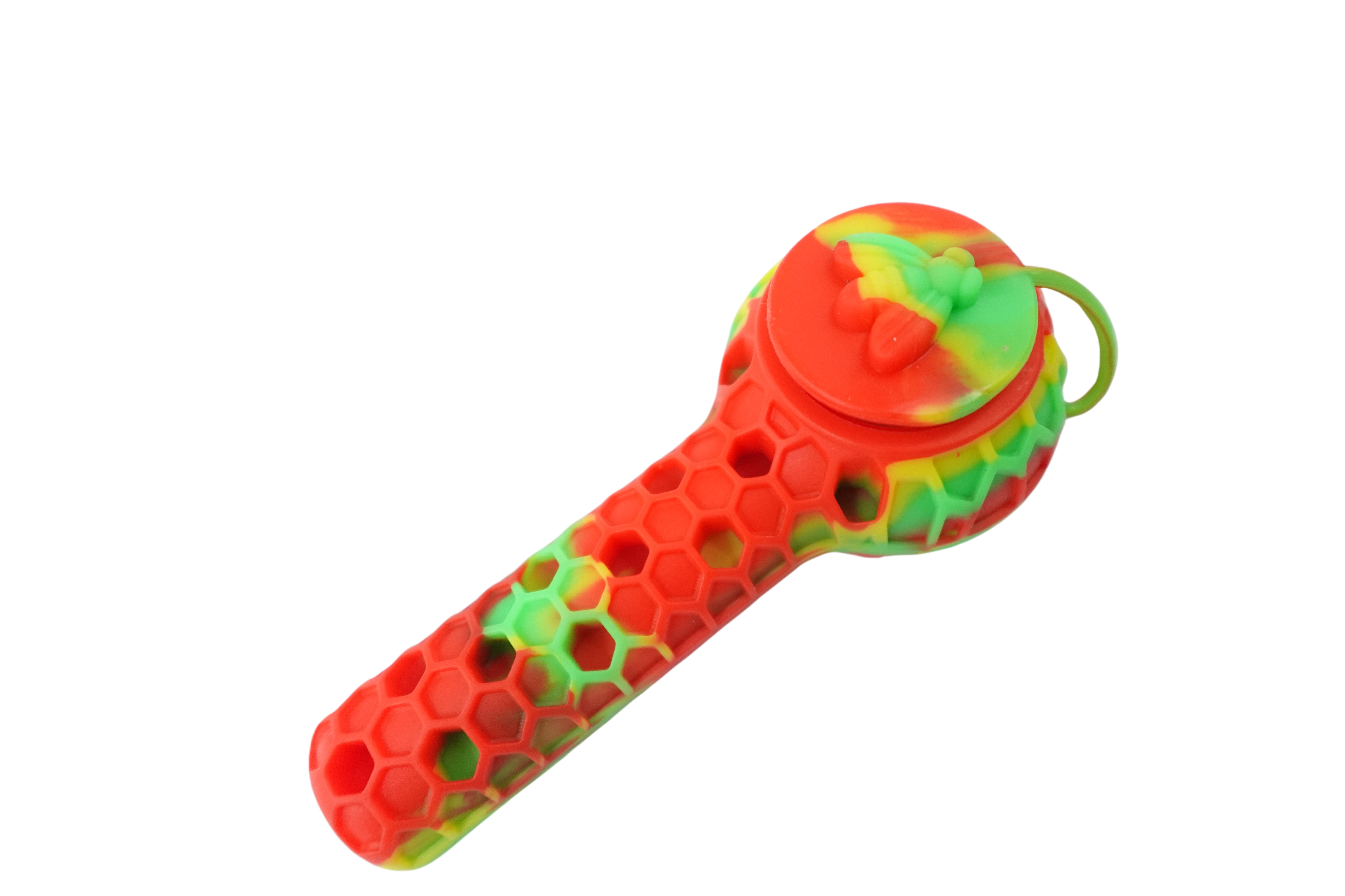 A close-up, angled view of the Cloud 8 Silicone 2 in 1 Honey Bee Hand Pipe & Vapor Straw, featuring a colorful, patterned design. A close-up, angled view of the Cloud 8 Silicone 2 in 1 Honey Bee Hand Pipe & Vapor Straw, featuring a colorful, patterned design.