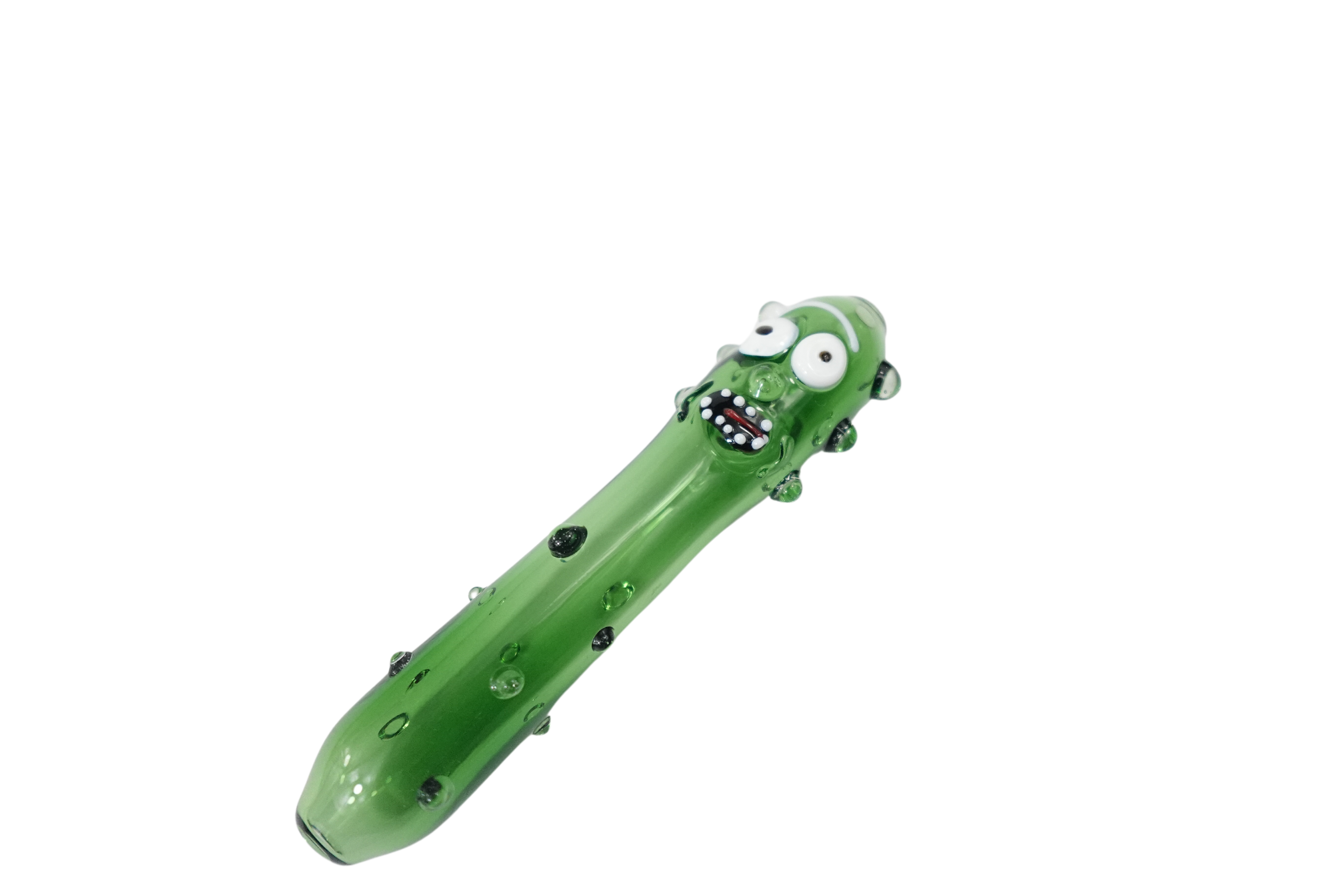 A close-up view of the Cucumber Man Glass Hand Pipe, showcasing its green glass construction and unique sculpted design. A close-up view of the Cucumber Man Glass Hand Pipe, showcasing its green glass construction and unique sculpted design.