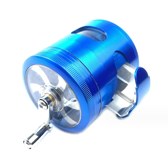 A close-up view of the Hand Crank 4-Piece Grinder with Chamber Window, showing its metallic blue finish and clear viewing window. A close-up view of the Hand Crank 4-Piece Grinder with Chamber Window, showing its metallic blue finish and clear viewing window.