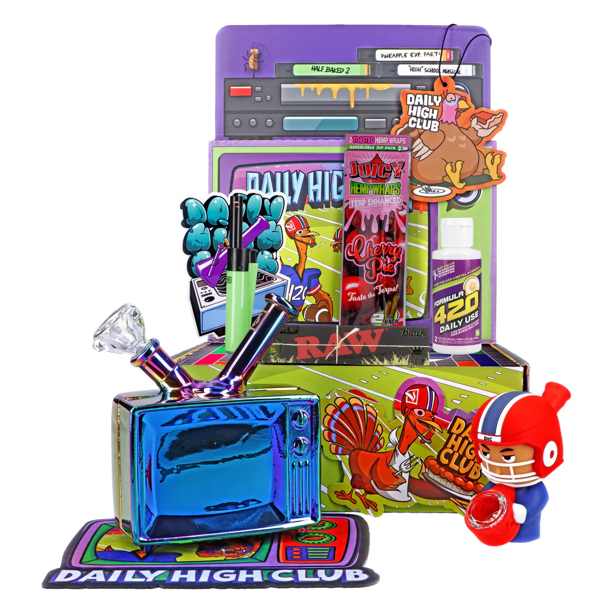 A brightly lit, angled view of the Touchdown Smoking Box showcasing a colorful, football-themed arrangement of smoking accessories. A brightly lit, angled view of the Touchdown Smoking Box showcasing a colorful, football-themed arrangement of smoking accessories.