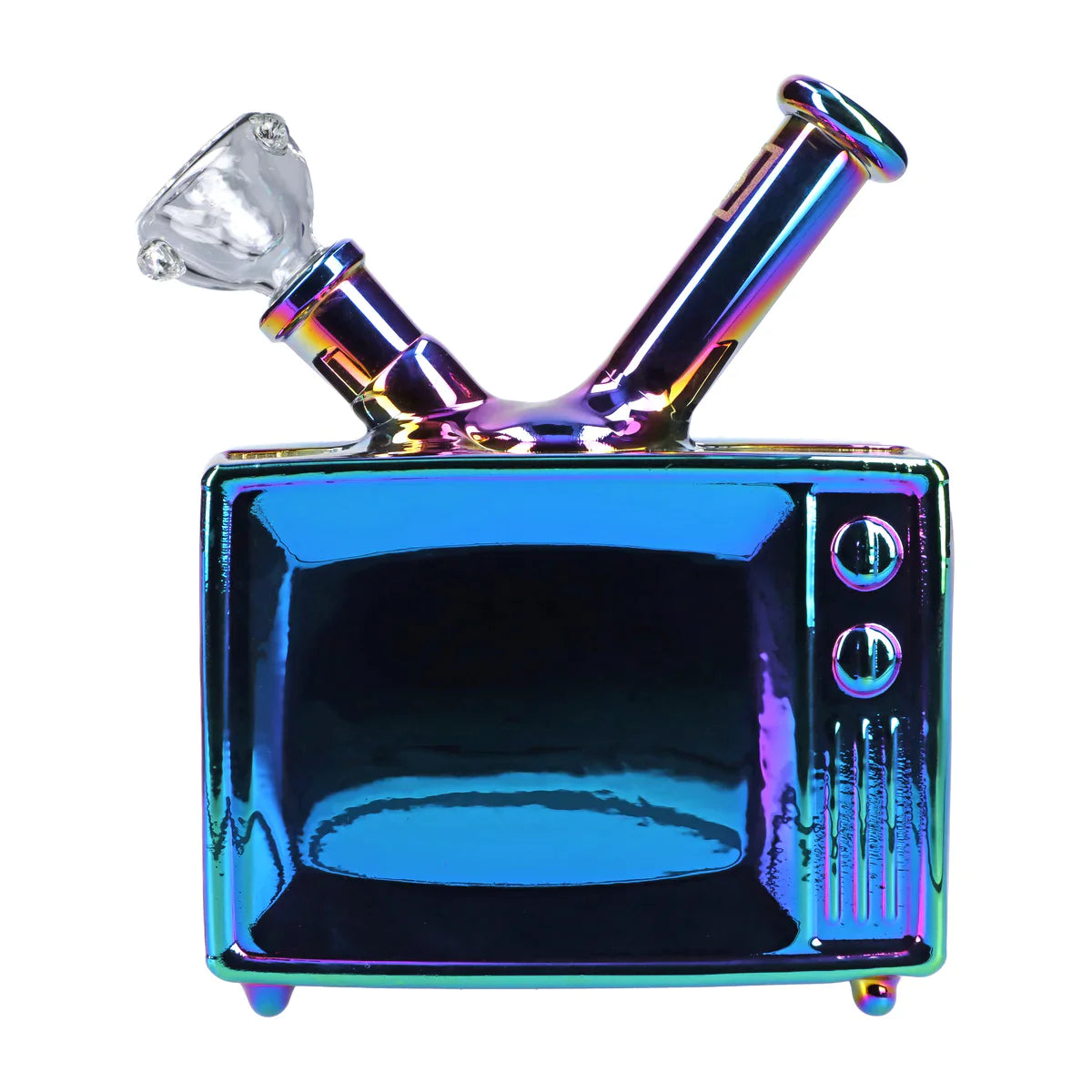 Front view of the November 2023 TV Bong, a colorful glass piece with a unique television-shaped design. Front view of the November 2023 TV Bong, a colorful glass piece with a unique television-shaped design.