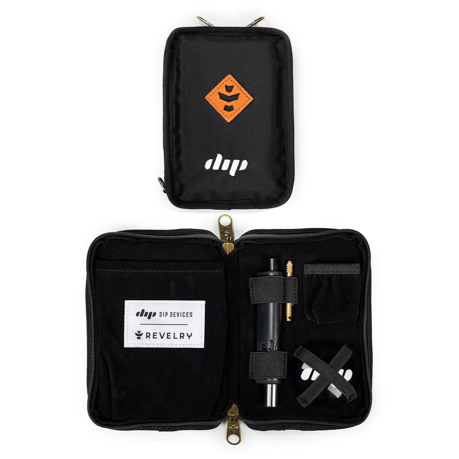 Front view of The Dab Kit - Smell Proof Kit, a black zippered pouch with a white logo, laying flat against a white background. Front view of The Dab Kit - Smell Proof Kit, a black zippered pouch with a white logo, laying flat against a white background.