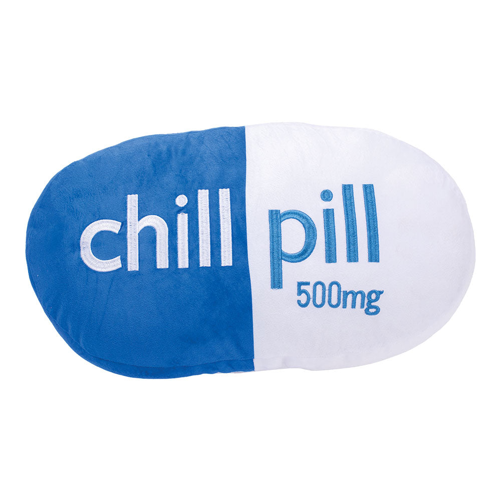 A white Chill Pill Plush Pillow shaped like a capsule lies on a plain white background. A white Chill Pill Plush Pillow shaped like a capsule lies on a plain white background.