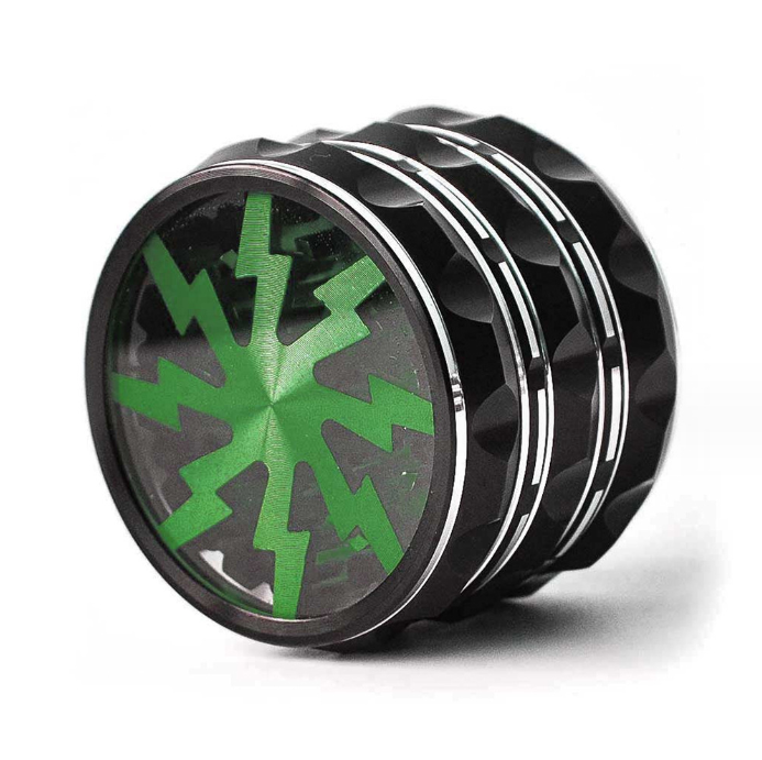 A close-up, angled view of the 4 Piece Aluminum Grip Edge Lighting Teeth Transparent Lid Grinder, highlighting its textured grip and clear lid. A close-up, angled view of the 4 Piece Aluminum Grip Edge Lighting Teeth Transparent Lid Grinder, highlighting its textured grip and clear lid.