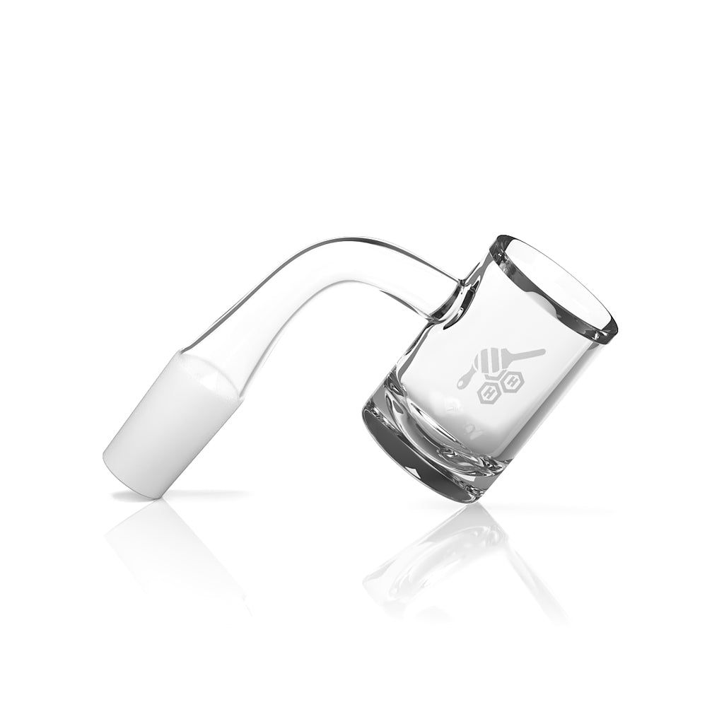 A studio shot of the Honey Hybrid Quartz Banger 90° Yellow Line, displaying its angled quartz cup and clean, reflective surface. A studio shot of the Honey Hybrid Quartz Banger 90° Yellow Line, displaying its angled quartz cup and clean, reflective surface.