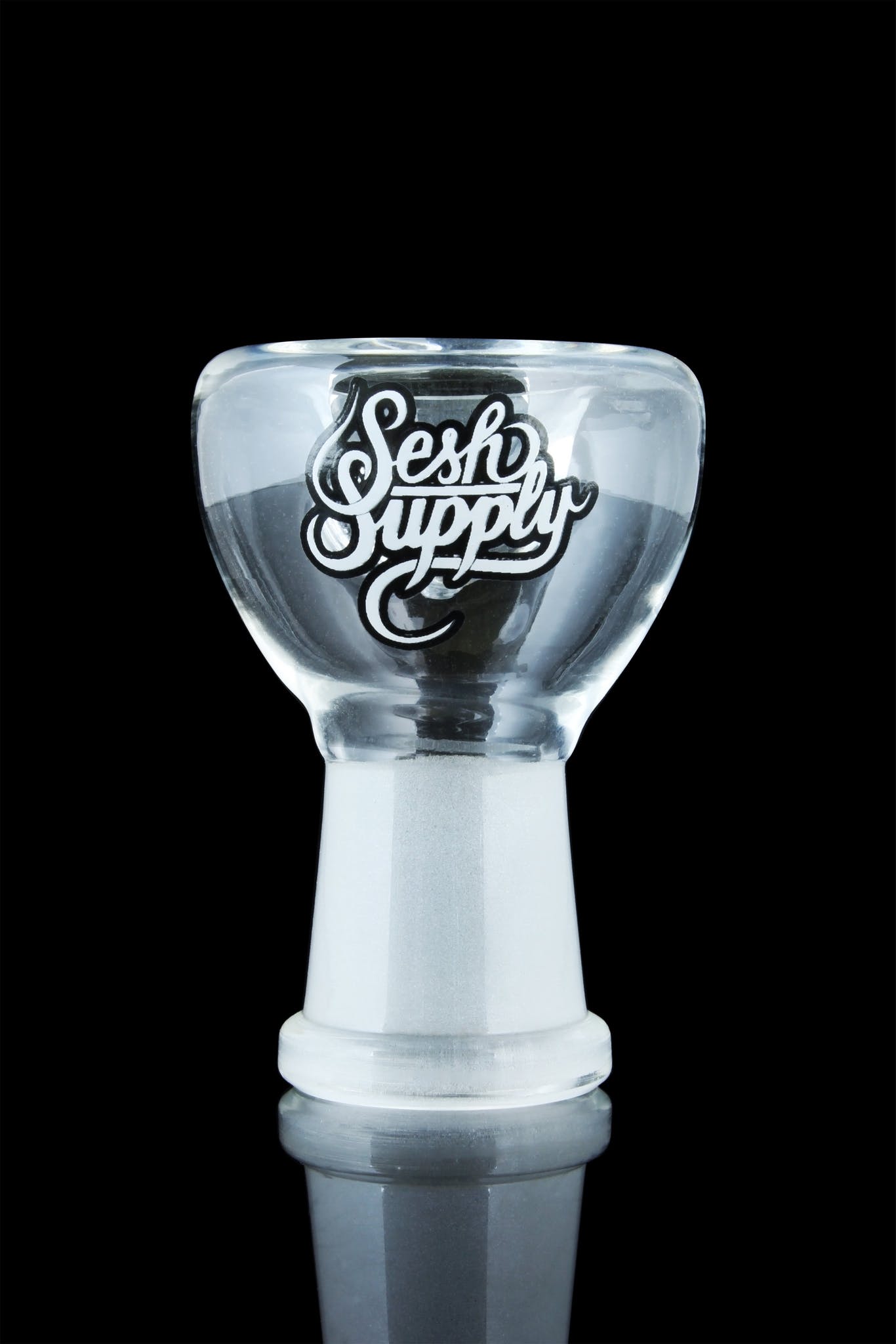 Front view of the SS-BWL2-18F, a clear glass bowl reflecting on a glossy black surface. Front view of the SS-BWL2-18F, a clear glass bowl reflecting on a glossy black surface.