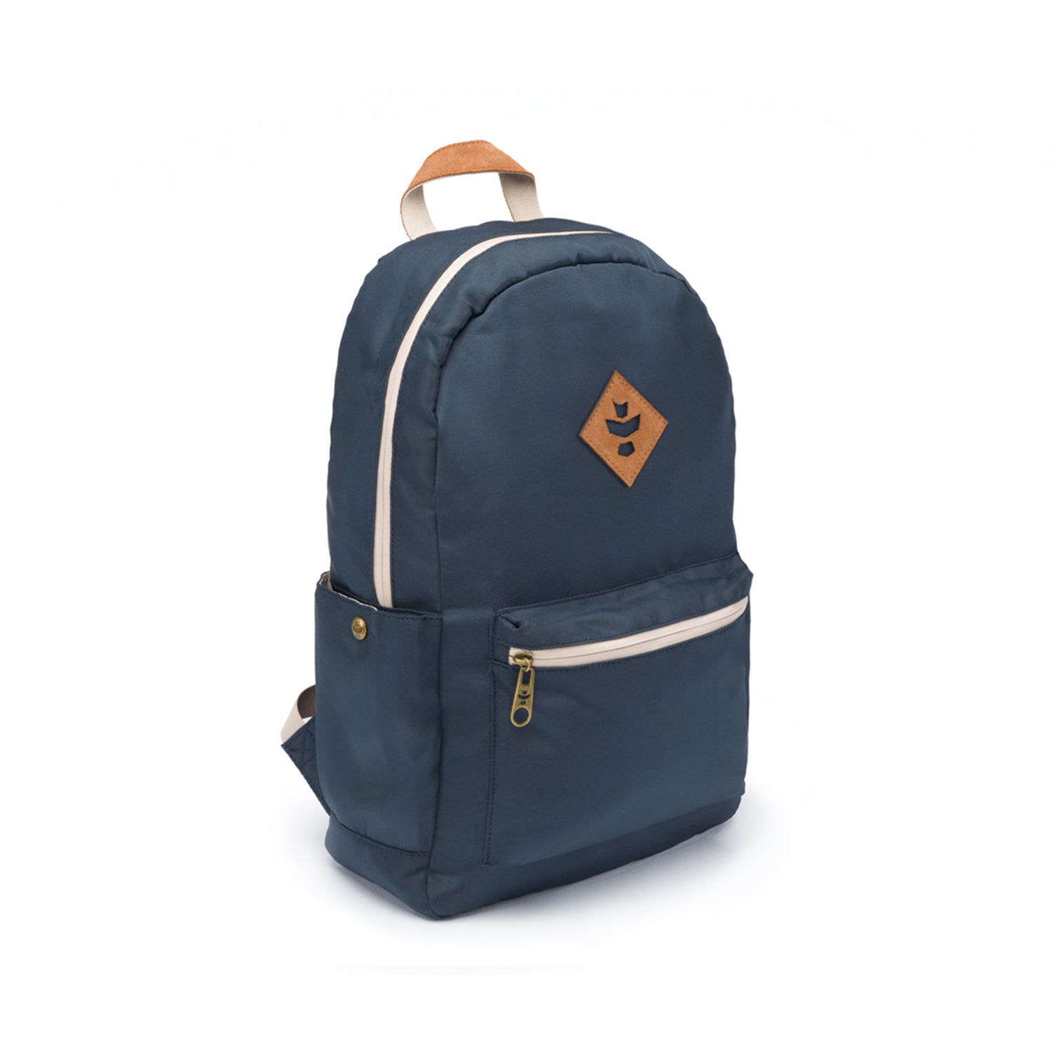 A three-quarter view of The Explorer - Smell Proof Backpack, a dark blue backpack against a plain white background. A three-quarter view of The Explorer - Smell Proof Backpack, a dark blue backpack against a plain white background.
