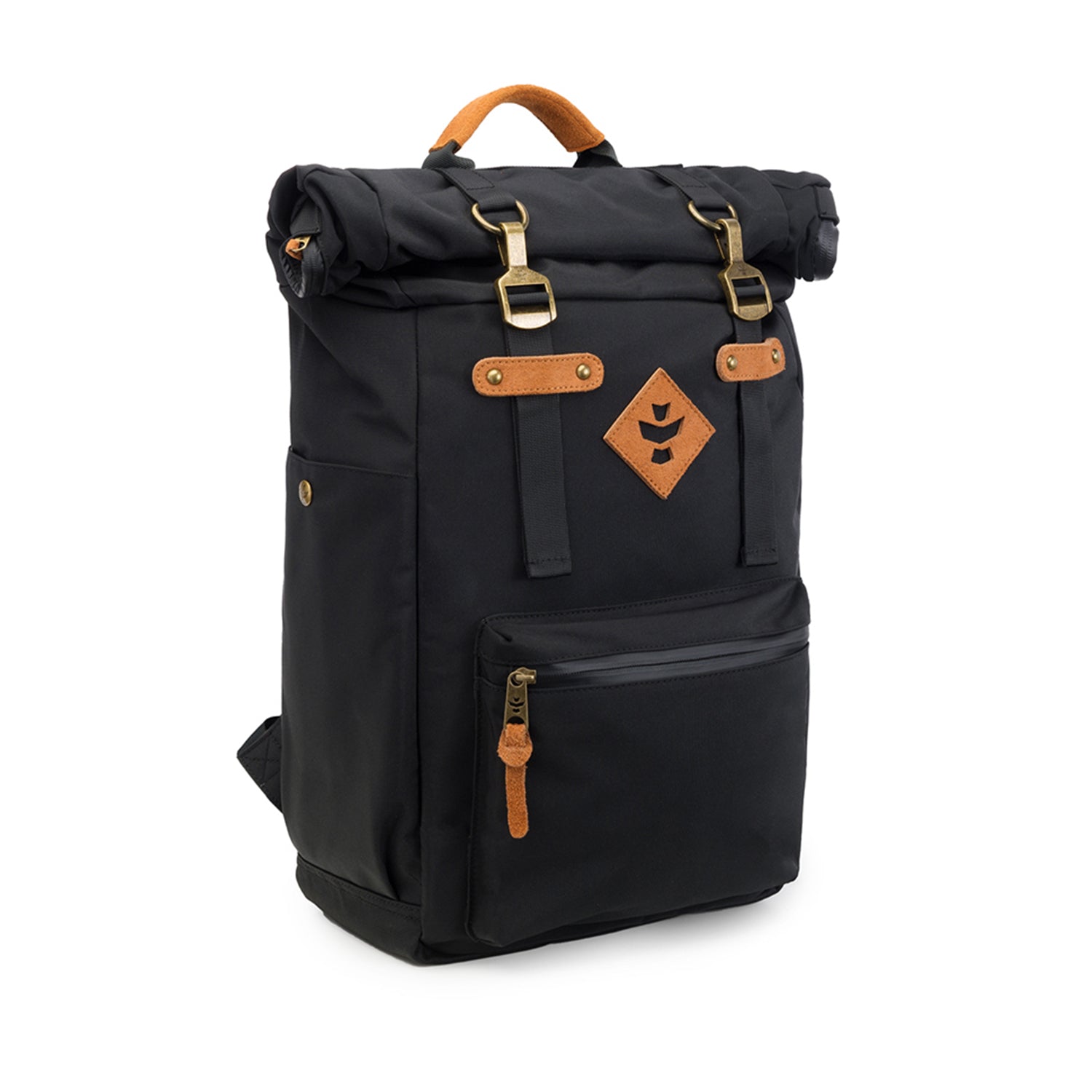 Front view of The Drifter - Smell Proof Rolltop Backpack, a black backpack with a rolltop closure and visible buckles. Front view of The Drifter - Smell Proof Rolltop Backpack, a black backpack with a rolltop closure and visible buckles.