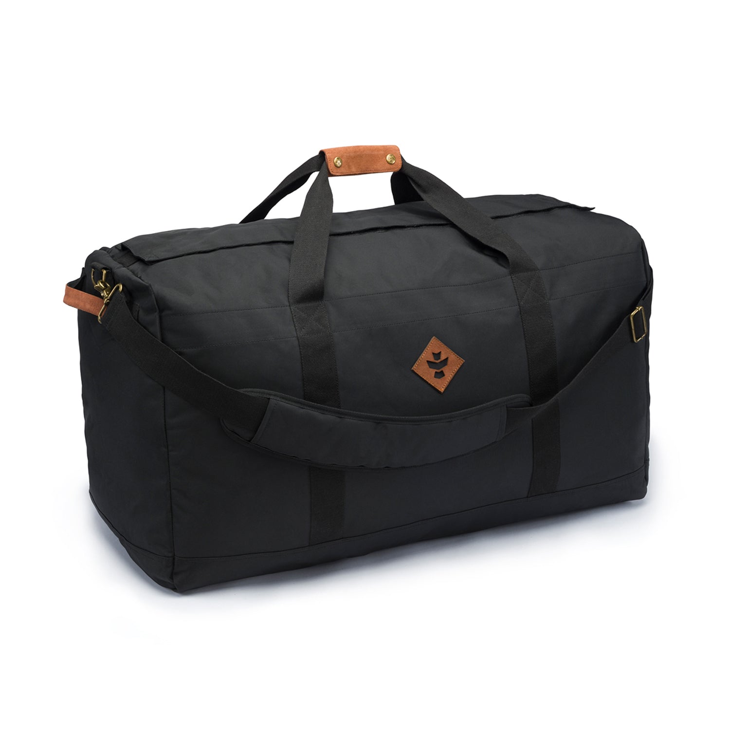 A three-quarter view of the black The Continental - Smell Proof Large Duffle, showing its rectangular shape and carry handles. A three-quarter view of the black The Continental - Smell Proof Large Duffle, showing its rectangular shape and carry handles.