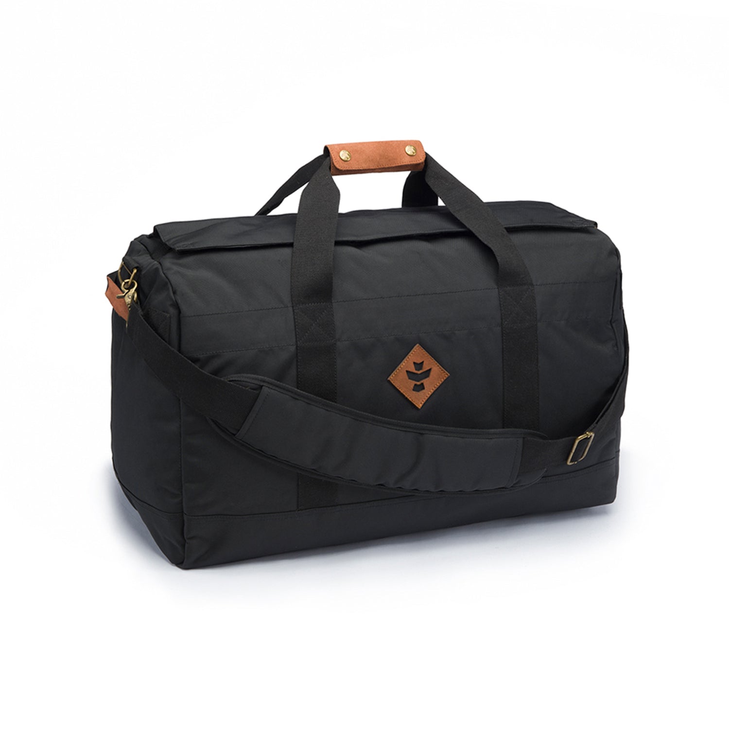 The Weekender - Smell Proof Medium Duffle is shown in a three-quarter view on a white background, highlighting its dark fabric and structured shape. The Weekender - Smell Proof Medium Duffle is shown in a three-quarter view on a white background, highlighting its dark fabric and structured shape.