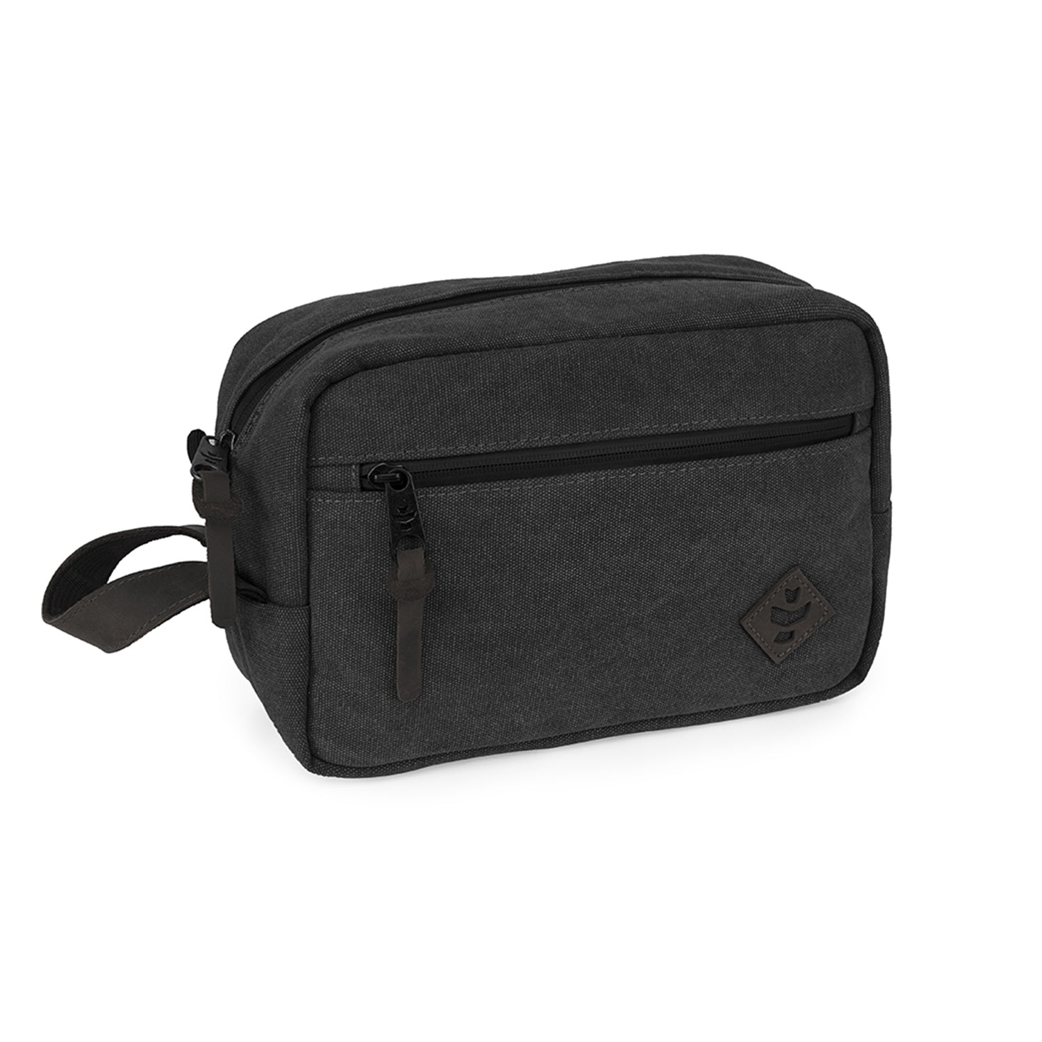 Front view of the black The Stowaway - Smell Proof Toiletry Kit, showcasing its zippered closure and compact, rectangular shape. Front view of the black The Stowaway - Smell Proof Toiletry Kit, showcasing its zippered closure and compact, rectangular shape.
