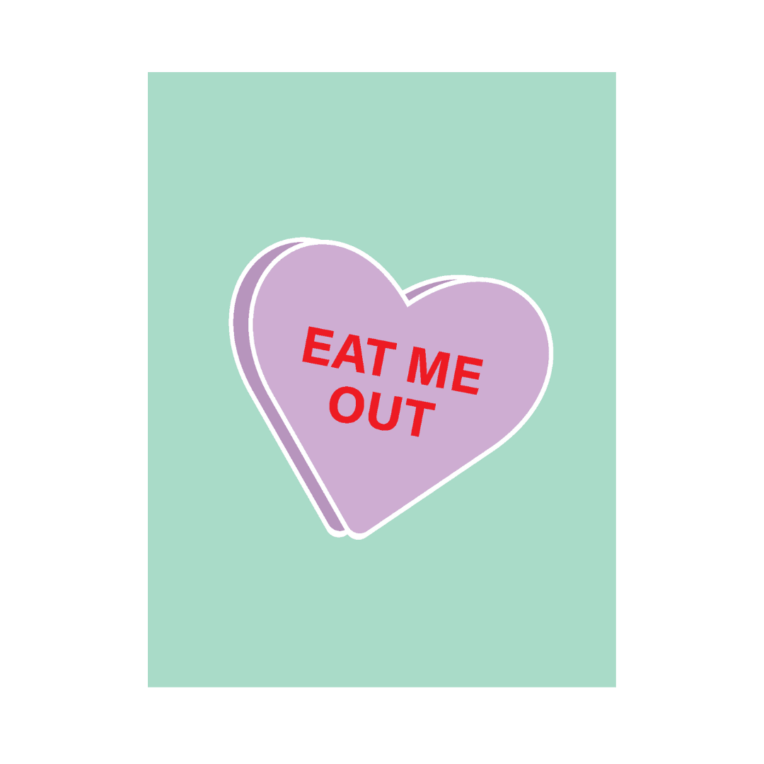 A front view of the Eat Me Out Naughty Greeting Card with bold pink text on a white background. A front view of the Eat Me Out Naughty Greeting Card with bold pink text on a white background.