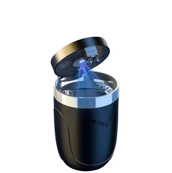 A slightly angled, close-up view of the Car Cupholder Ashtray, showing its dark-colored, cylindrical design with an open lid. A slightly angled, close-up view of the Car Cupholder Ashtray, showing its dark-colored, cylindrical design with an open lid.