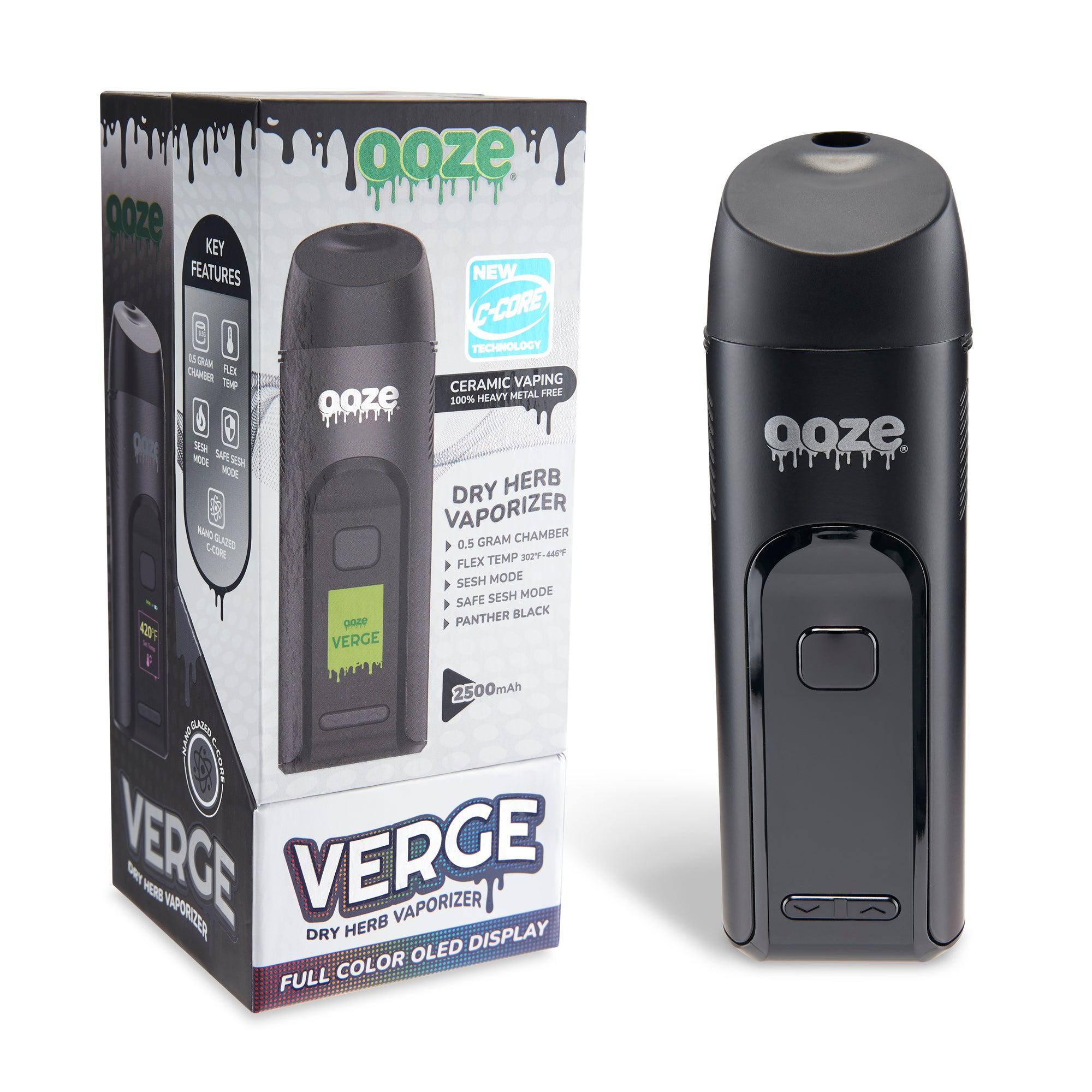 Front view of the Verge Dry Herb Vaporizer, showcasing its black finish and digital display against a dark background. Front view of the Verge Dry Herb Vaporizer, showcasing its black finish and digital display against a dark background.