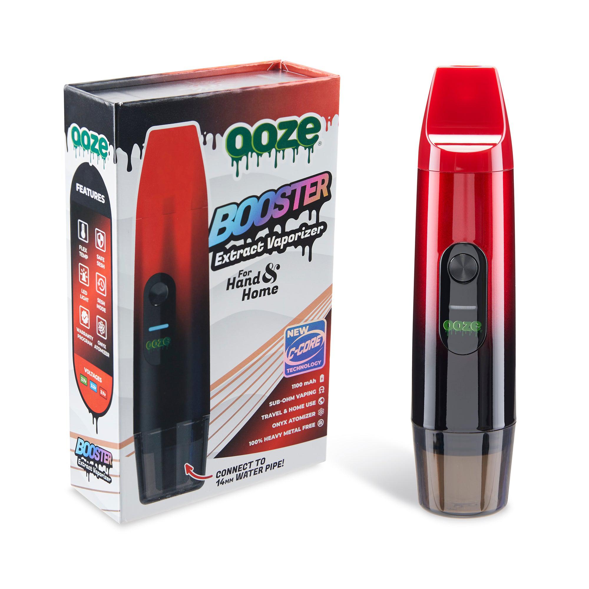 Front view of the Ooze Booster Extract Vaporizer against a plain white background, highlighting its sleek, cylindrical design. Front view of the Ooze Booster Extract Vaporizer against a plain white background, highlighting its sleek, cylindrical design.