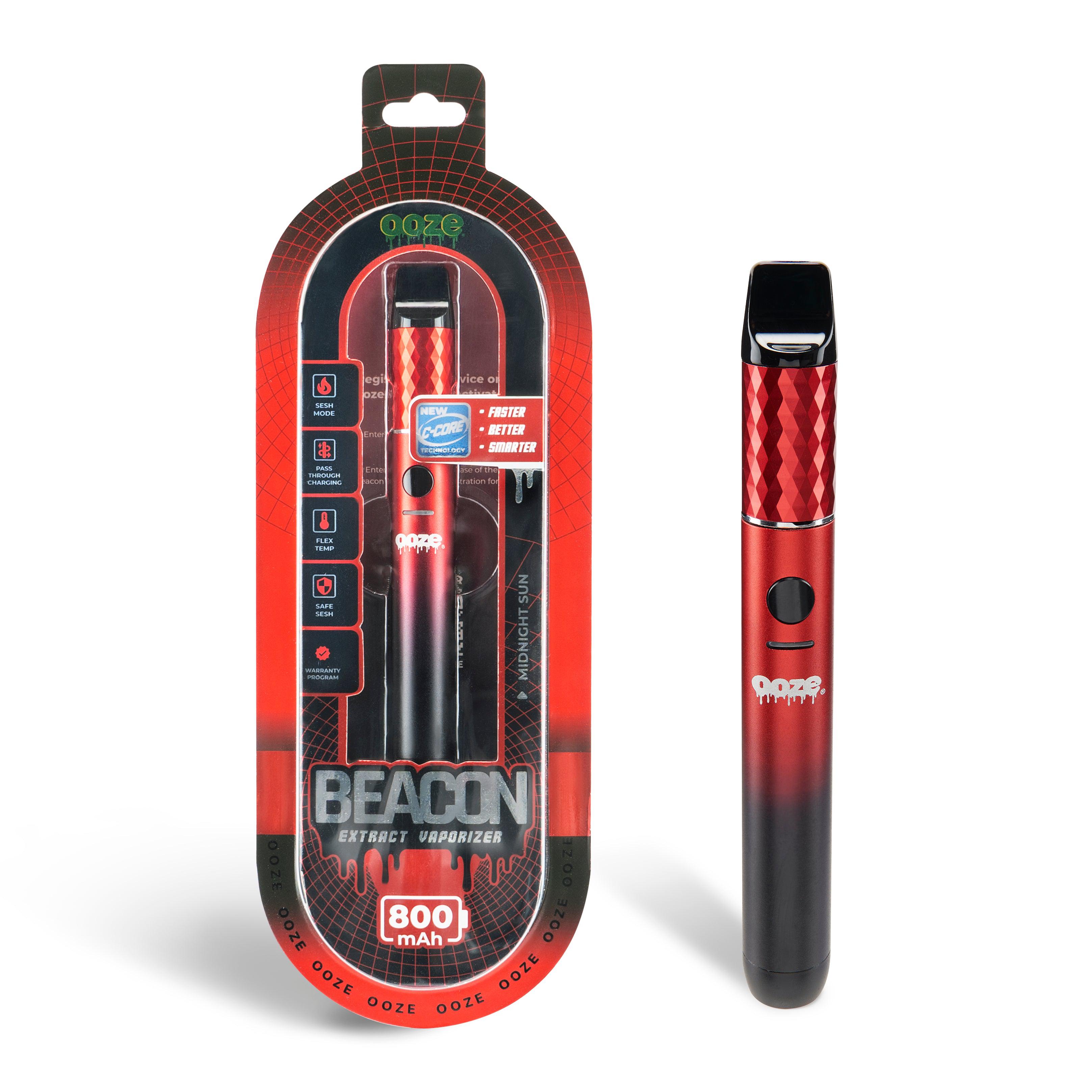 Front view of the Beacon Extract Vaporizer with a silver finish, displaying branding details on a dark background. Front view of the Beacon Extract Vaporizer with a silver finish, displaying branding details on a dark background.