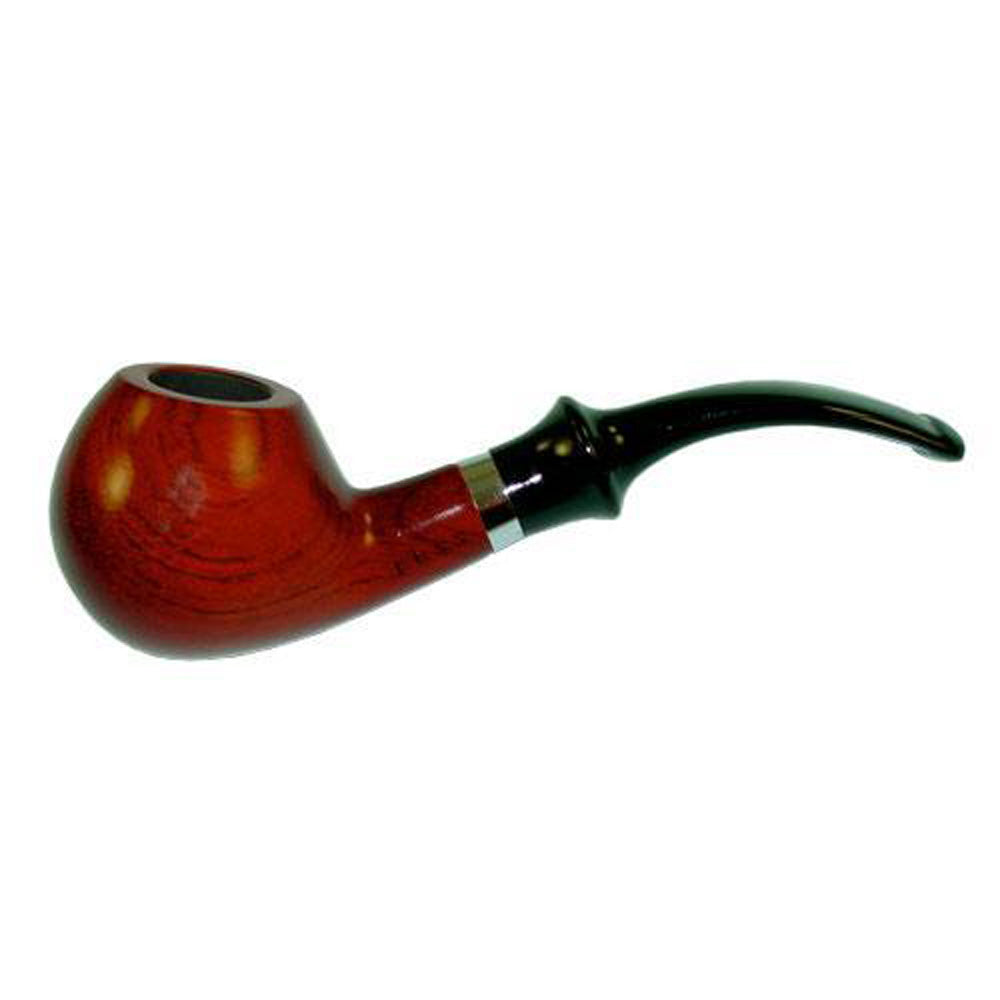 A side view of the Tomato Style African Wood Shire Pipe, showcasing its curved stem and warm wood grain. A side view of the Tomato Style African Wood Shire Pipe, showcasing its curved stem and warm wood grain.