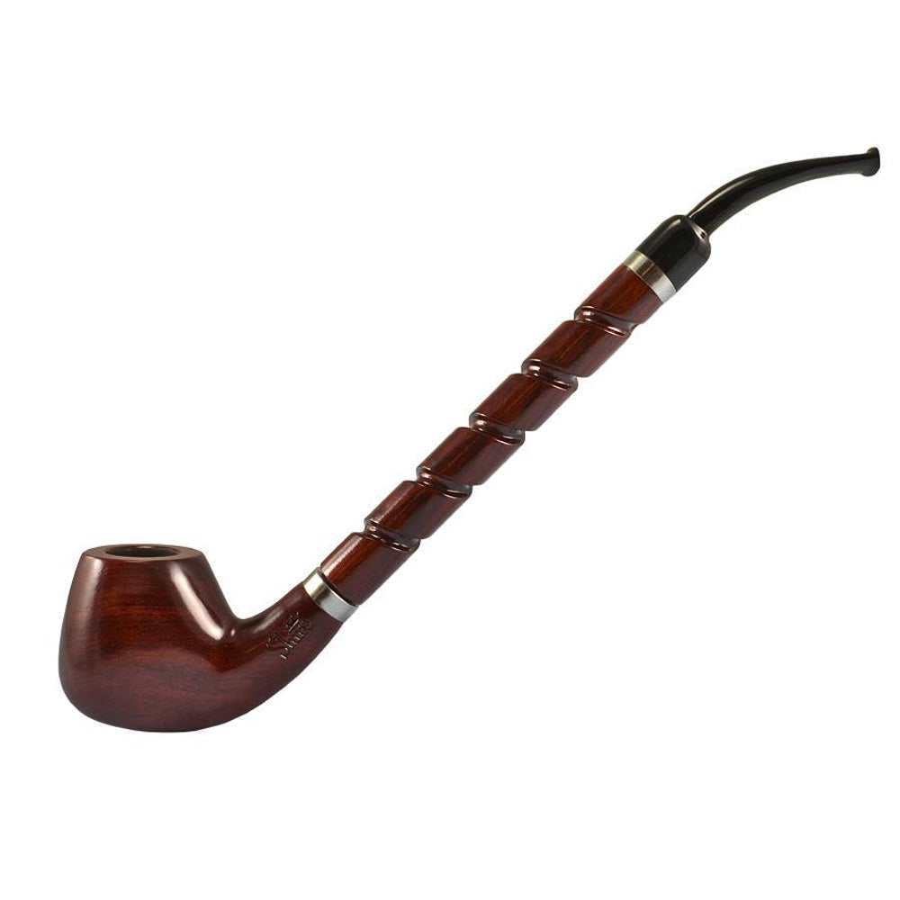 A side view of the Bent Brandy Cherry Wood Shire Pipe, showing the curved stem and polished wood grain. A side view of the Bent Brandy Cherry Wood Shire Pipe, showing the curved stem and polished wood grain.