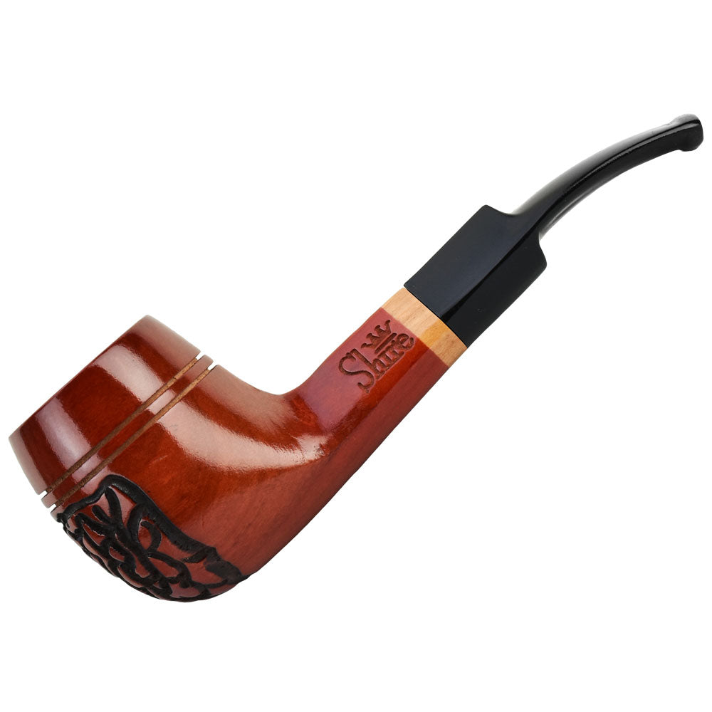 A side view of The Roscoe Engraved Bulldog Saddle Stem Shire Pipe, displaying its brown finish and curved stem. A side view of The Roscoe Engraved Bulldog Saddle Stem Shire Pipe, displaying its brown finish and curved stem.