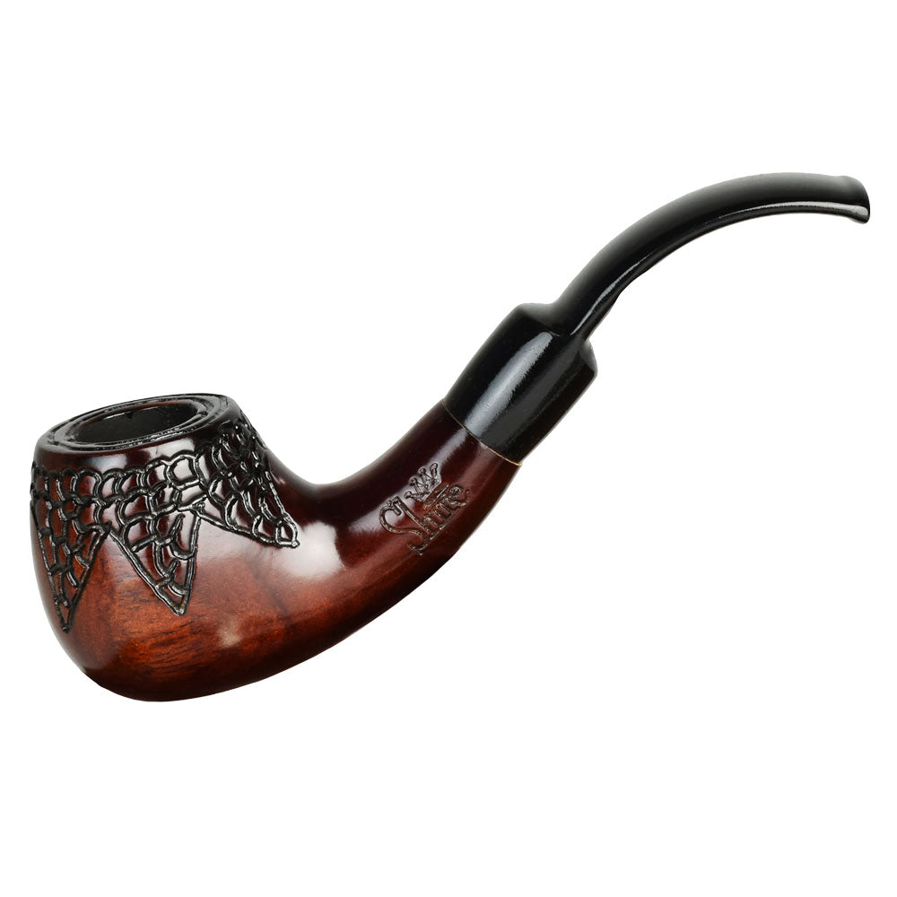 A detailed close-up of the Engraved Bowl Bent Apple Cherry Wood Shire Pipe, showcasing its curved form and rich wood grain. A detailed close-up of the Engraved Bowl Bent Apple Cherry Wood Shire Pipe, showcasing its curved form and rich wood grain.