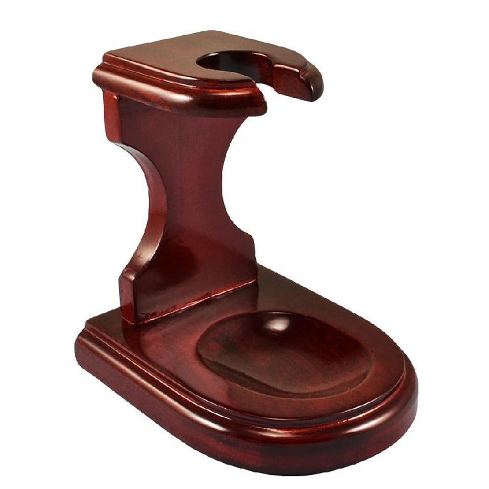 A slightly angled view of the Decorative Rosewood Shire Pipe Stand, showcasing its polished wood grain and curved design. A slightly angled view of the Decorative Rosewood Shire Pipe Stand, showcasing its polished wood grain and curved design.