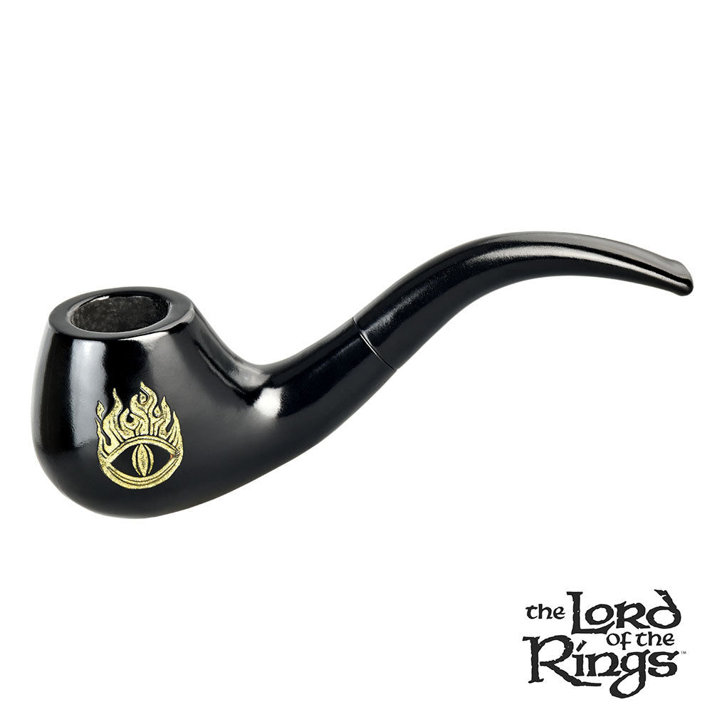 Front view of the Sauron Shire Pipe, a dark-colored, curved smoking pipe positioned against a plain white background. Front view of the Sauron Shire Pipe, a dark-colored, curved smoking pipe positioned against a plain white background.