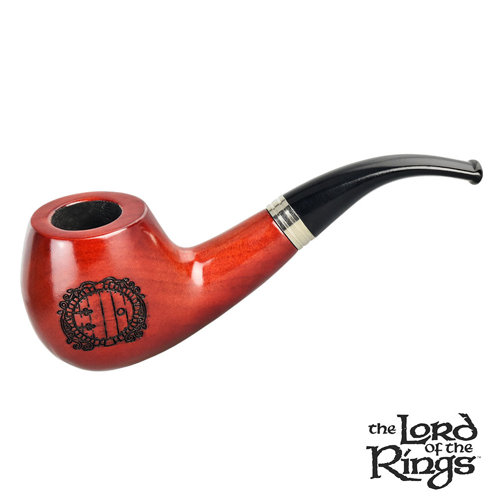 A detailed side view of the Hobbiton Shire Pipe, showcasing its curved stem and polished brown finish. A detailed side view of the Hobbiton Shire Pipe, showcasing its curved stem and polished brown finish.