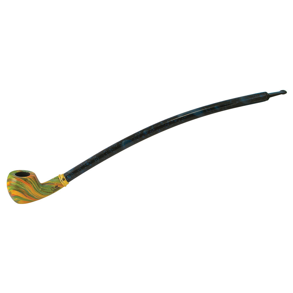 A side view of the Curved Brandy Rainbow Cherry Wood Shire Pipe, showing its gently curved shape and polished wood finish. A side view of the Curved Brandy Rainbow Cherry Wood Shire Pipe, showing its gently curved shape and polished wood finish.