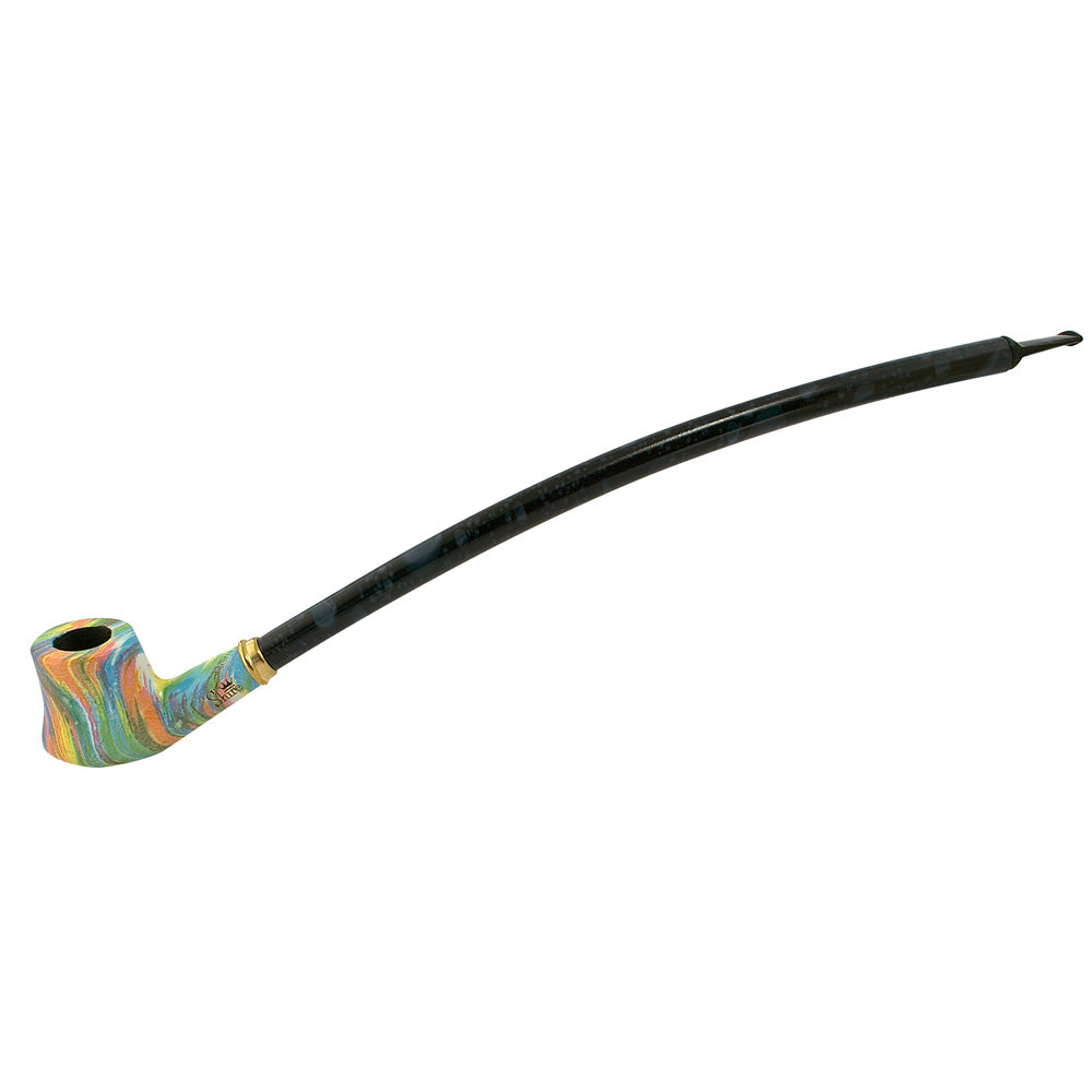 A side view of the Logo Rainbow Cherry Wood Shire Pipe, showcasing its curved design and polished wood finish. A side view of the Logo Rainbow Cherry Wood Shire Pipe, showcasing its curved design and polished wood finish.