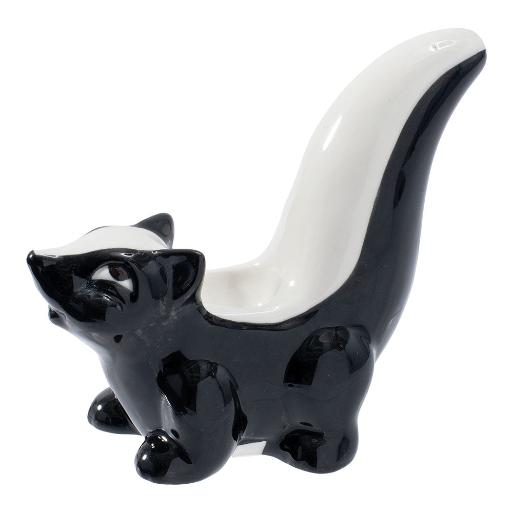 Front view of the Skunk Ceramic Hand Pipe, showcasing its glossy black finish and compact size against a plain white background. Front view of the Skunk Ceramic Hand Pipe, showcasing its glossy black finish and compact size against a plain white background.